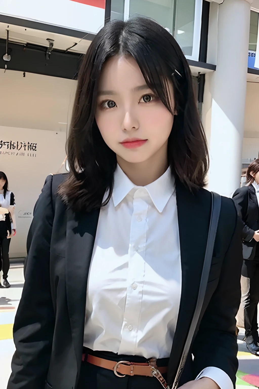masterpiece、top-quality、The ultra -The high-definition、、colourfull、flat-colors、depth of fields、lens flare 1 girl、、A dark-haired、watching at viewers suits Cutter shirt a belt suspenders working adults materia OL Black Suit Black jacket glares large full breasts