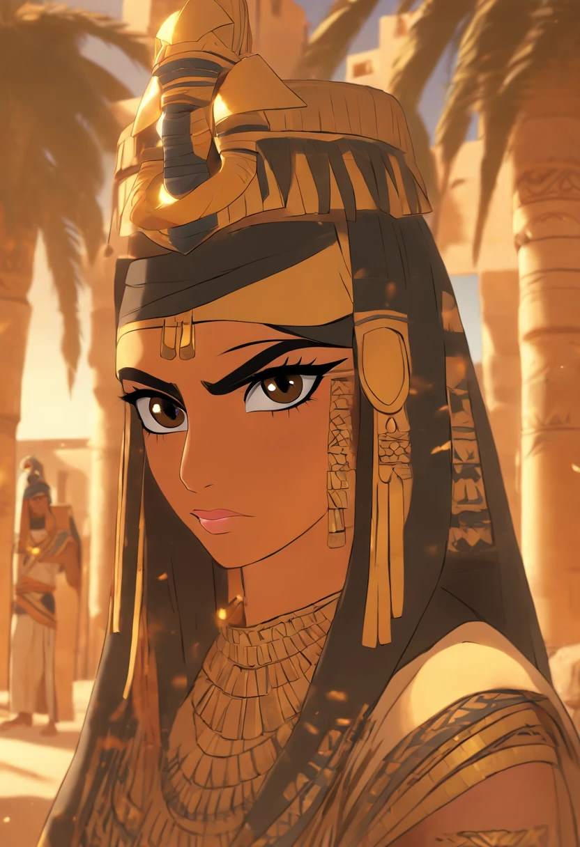 (((isis)))best quality, ultra-high resolution, 4K detailed CG, master piece, isis, protective goddess, egyptian mythology, crying expression, woman, egyptian clothing, headpiece, egyptian palace, palm trees, desert ,aesthetics, Beautiful image, centered on the screen