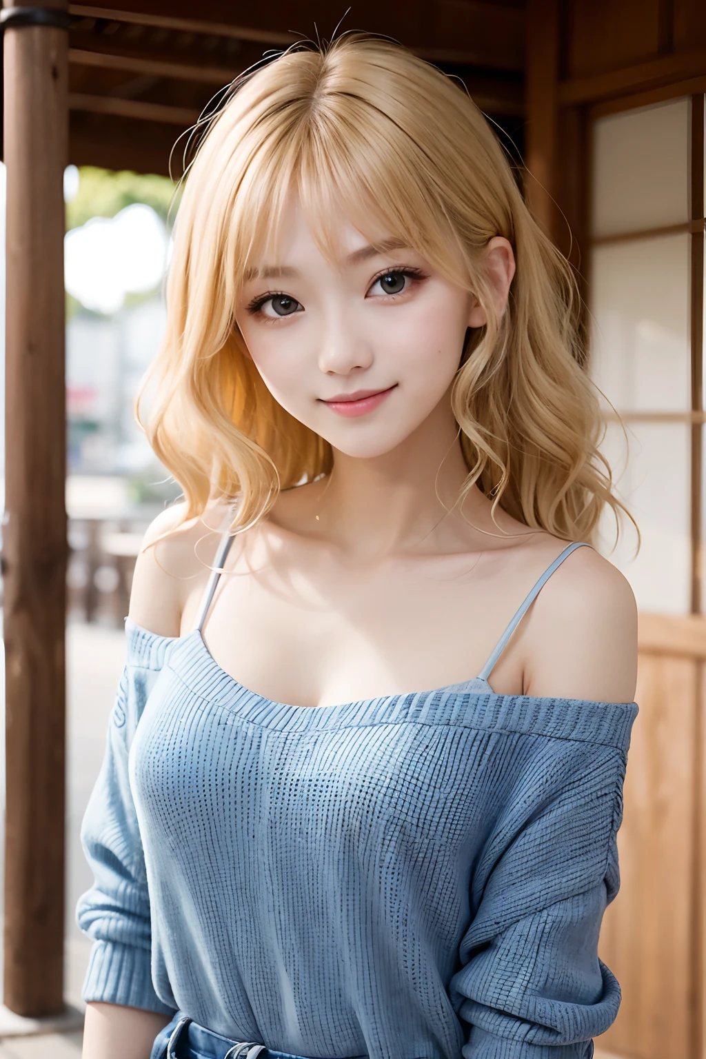 studio light, depth of field, upper body, slender, cute face, smile, beautiful details eyes, 19yo japanese, pretty, Voluminous curls with warm blonde color, Plaza, casual