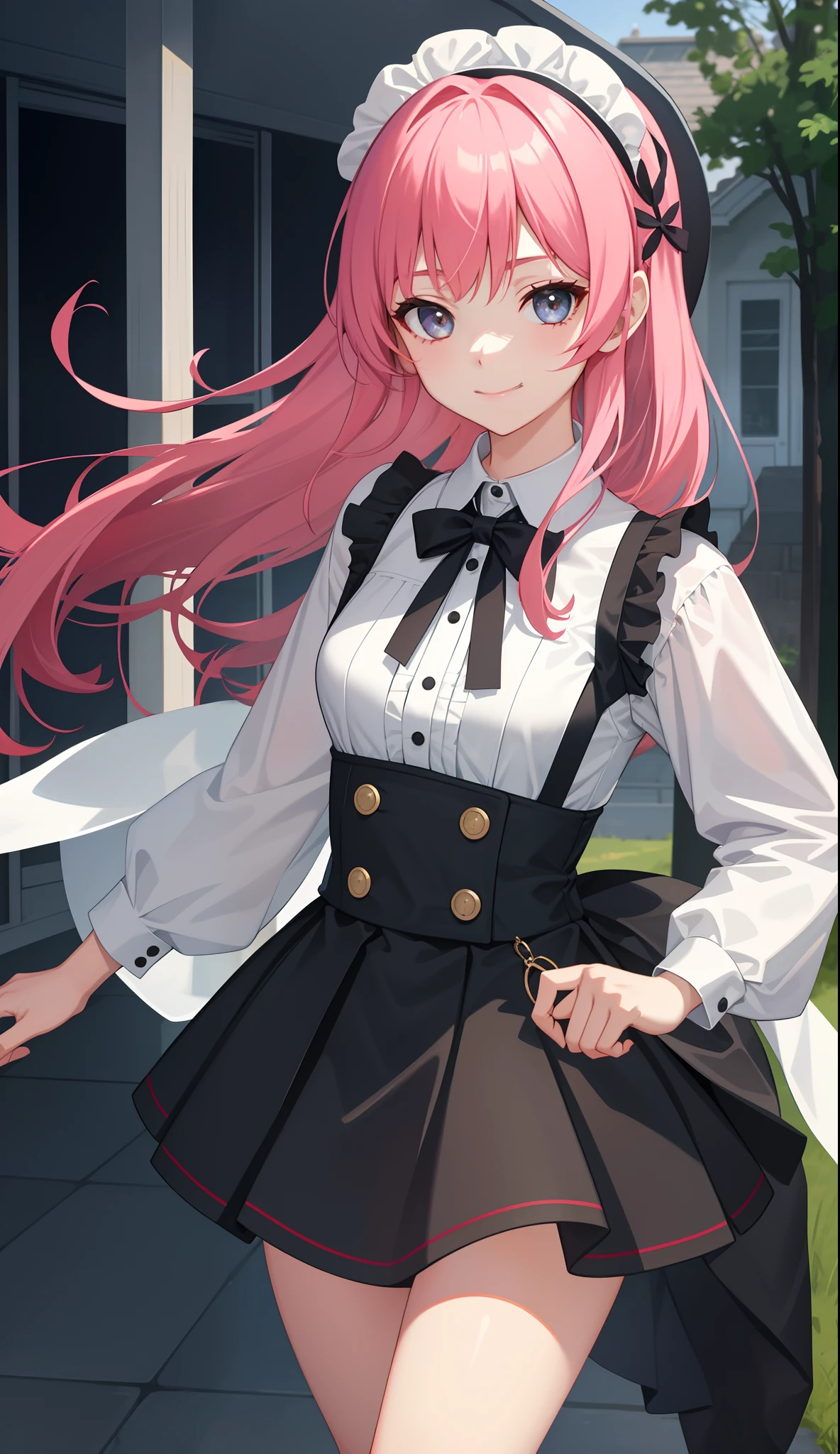 1girl in、AS-Adult、A smile、The shirt、skirt by the、pantiy、(small tits)、doress、pinafore、Hair decoration、(Maid costume)、Walking with a thigh、Upper body portrait、