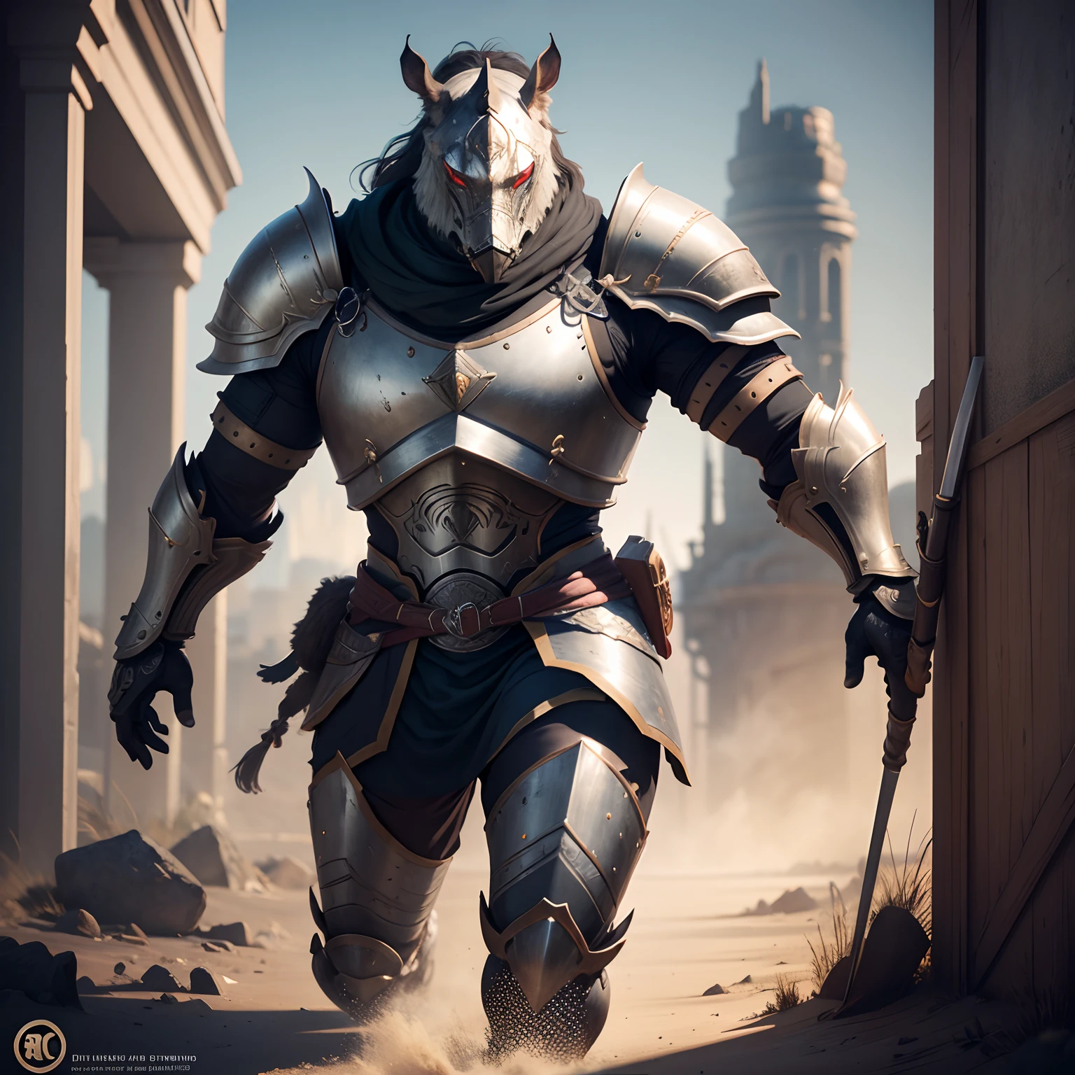 Rino, a warrior in realistic 4K armor, full entire body,Super Detailed, Vray Display, Unrealistic engine, Midjourney Art Style.