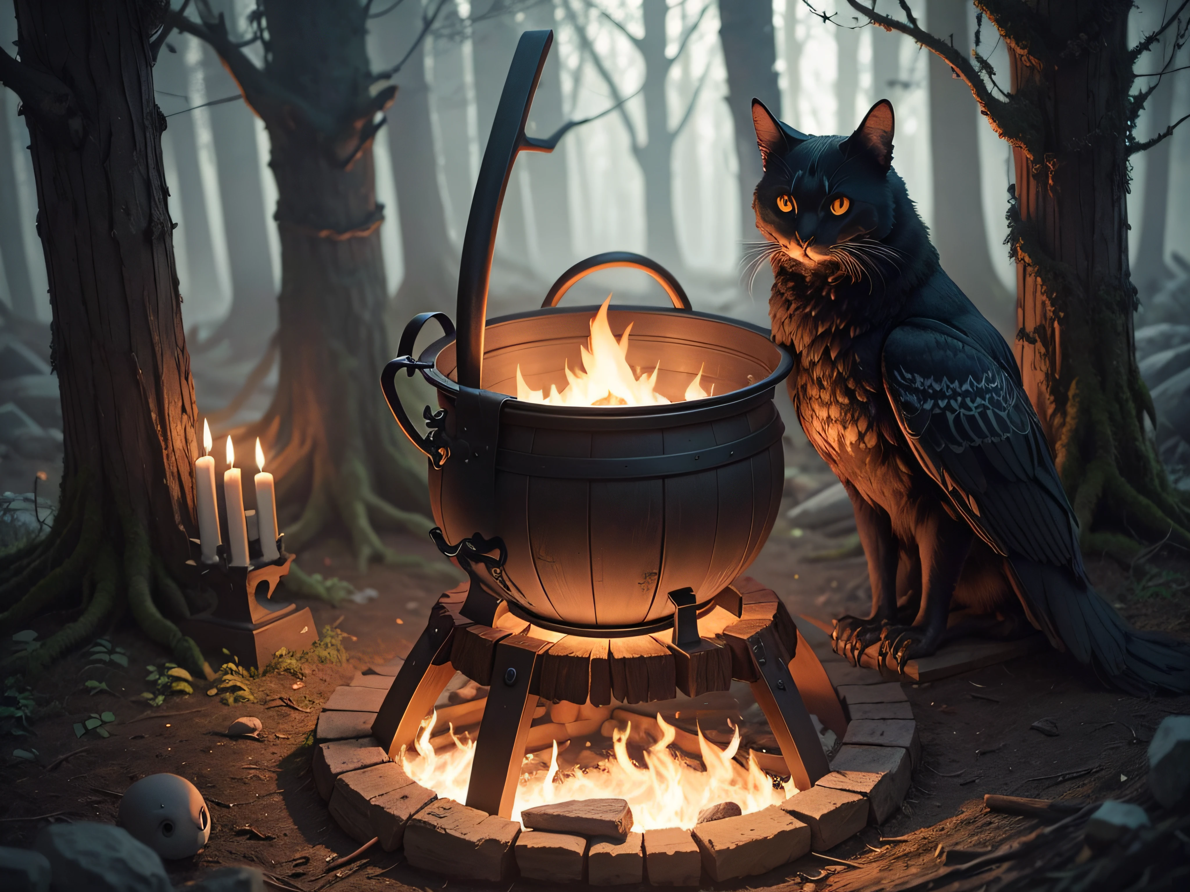 Witch's cauldron hanging on the fire in the forest. Black cat, white owl, crow