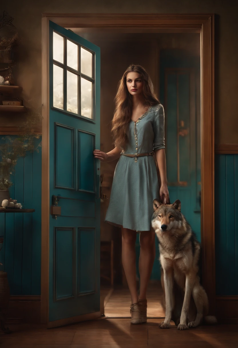 very tall adult wolf girl with long legs after hitting her head on the door's frame