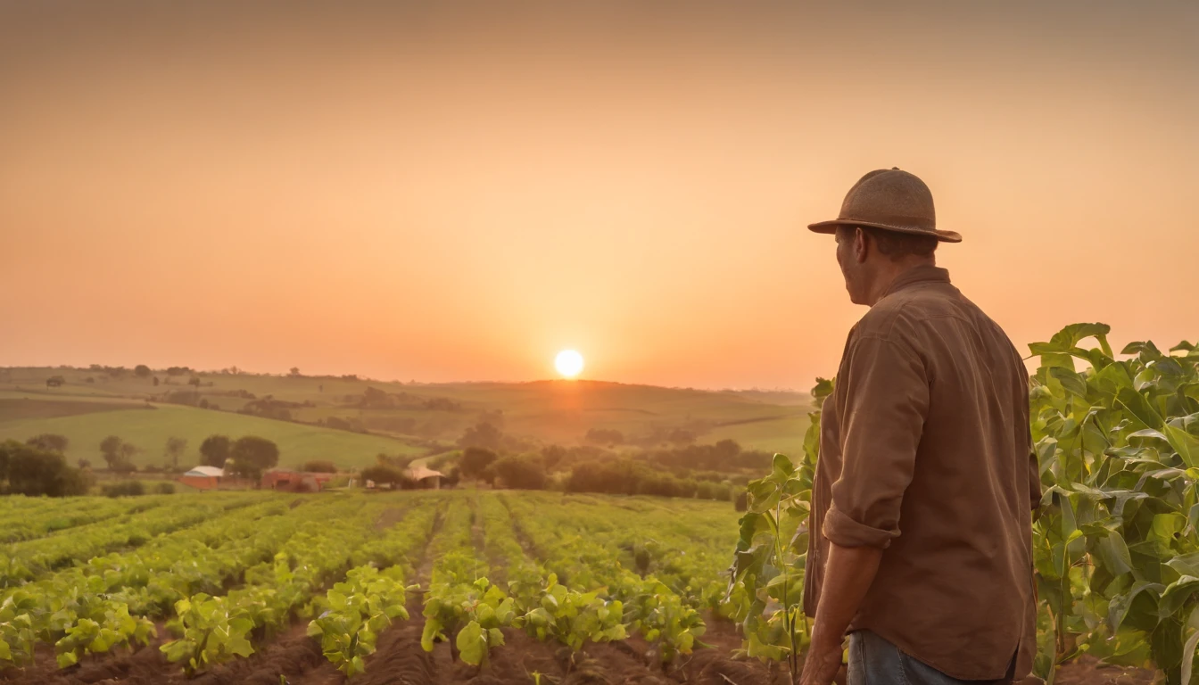 Silhueta de um homem que trabalha nos campos, against the radiant sunset, captured from a distance, vast farm and sky dominating the picture, Well-defined sketch of the lone farmer, Tons dourados quentes, Dedicated workforce, breath-taking sunset, sol descendente, colorfull sky, Shadows Dramatic, Fazenda extensa, fertile lands, beleza rural, agricultor trabalhador, artist's interpretation.