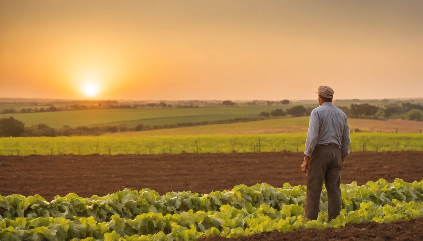 Silhueta de um homem que trabalha nos campos, against the radiant sunset, captured from a distance, vast farm and sky dominating the picture, Well-defined sketch of the lone farmer, Tons dourados quentes, Dedicated workforce, breath-taking sunset, sol descendente, colorfull sky, Shadows Dramatic, Fazenda extensa, fertile lands, beleza rural, agricultor trabalhador, artist's interpretation.