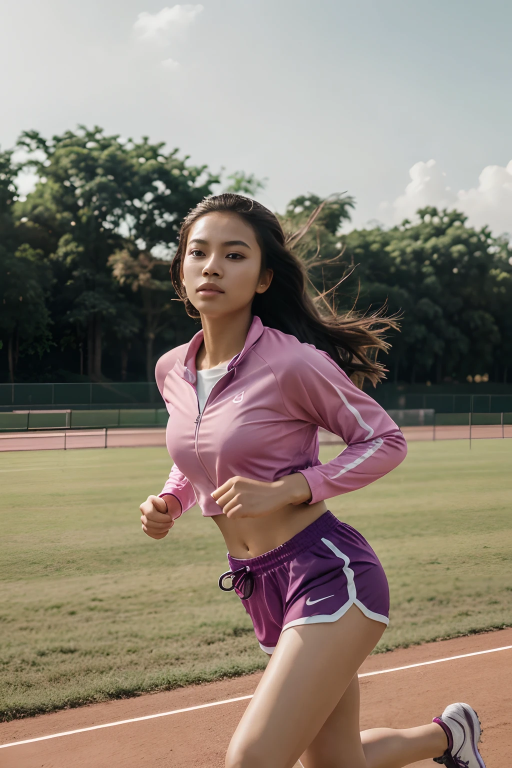 1girl, solo, RAW Photo, Photograph of a young beautiful bright indonesian woman with purple long hair flow in soft curl and ((warm skin)), running, Gray Track Top, pink shorts, dynamic brushstrokes, fluid movement, capturing the essence of her athleticism and energy, using light colors and soft tones to create a dreamy and ethereal atmosphere, portraying the motion and grace of running, and the scenery of her surroundings, outdoors, detailed background, Modern metropolis, (cowboy shot:1.1), best quality, masterpiece, uhd, ((photorealistic))