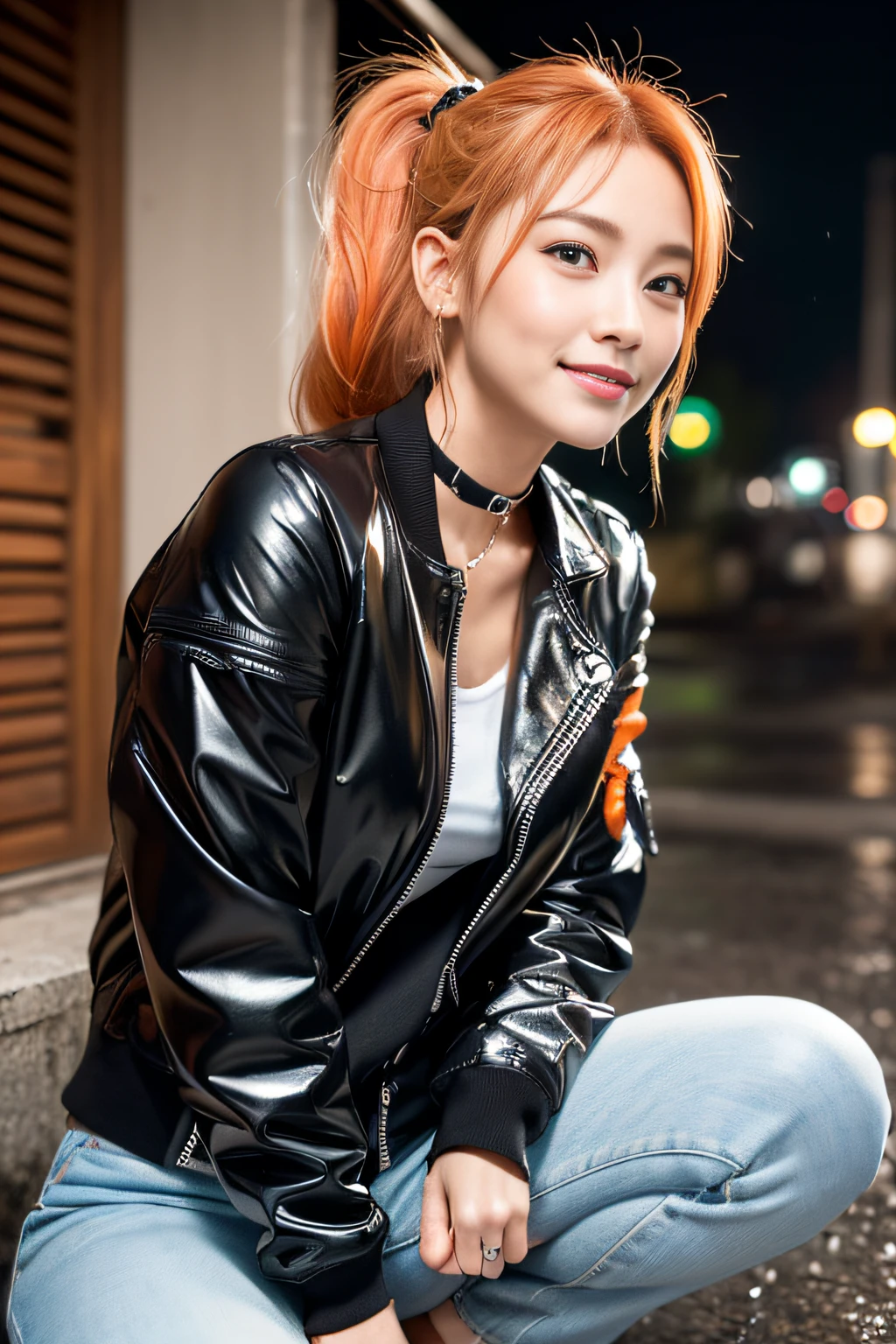 sologirl,Very heavy rain,Back alley at night,Drenched tomboy,piercings,Punk rock fashion,Open jacket with chain,Punk rock shirts,Punk rock pants with chain,Chain Accessories,a choker,(The whole body is soaking wet,Rainwater dripping from the face,Wet face,wetting hair,Wet and glowing skin,Soaking wet costumes,),(Shiny silver and orange hair,Short ponytail),(The composition of the princess's face,big eye,Pointed lips,red lipsticks,Cute round face,A smile that makes the viewer happy,blushing with embarrassment,red blush,),Bold sexy poses,Digital SLR,(The 8k quality,masutepiece,top-quality,Ultra-high resolution output image,),intricate detailes,(Highly detailed raw photos:1.3),(Image Mode Ultra HD),crouching down