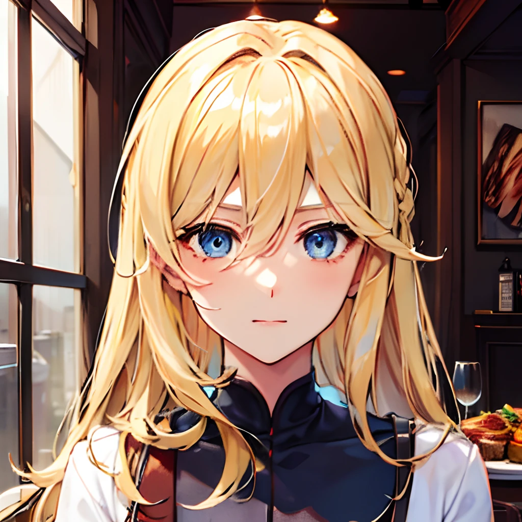 Blonde hair, blue eyes, hair between eyes, medium length hair, casual clothes, restaurant, plate, steak
