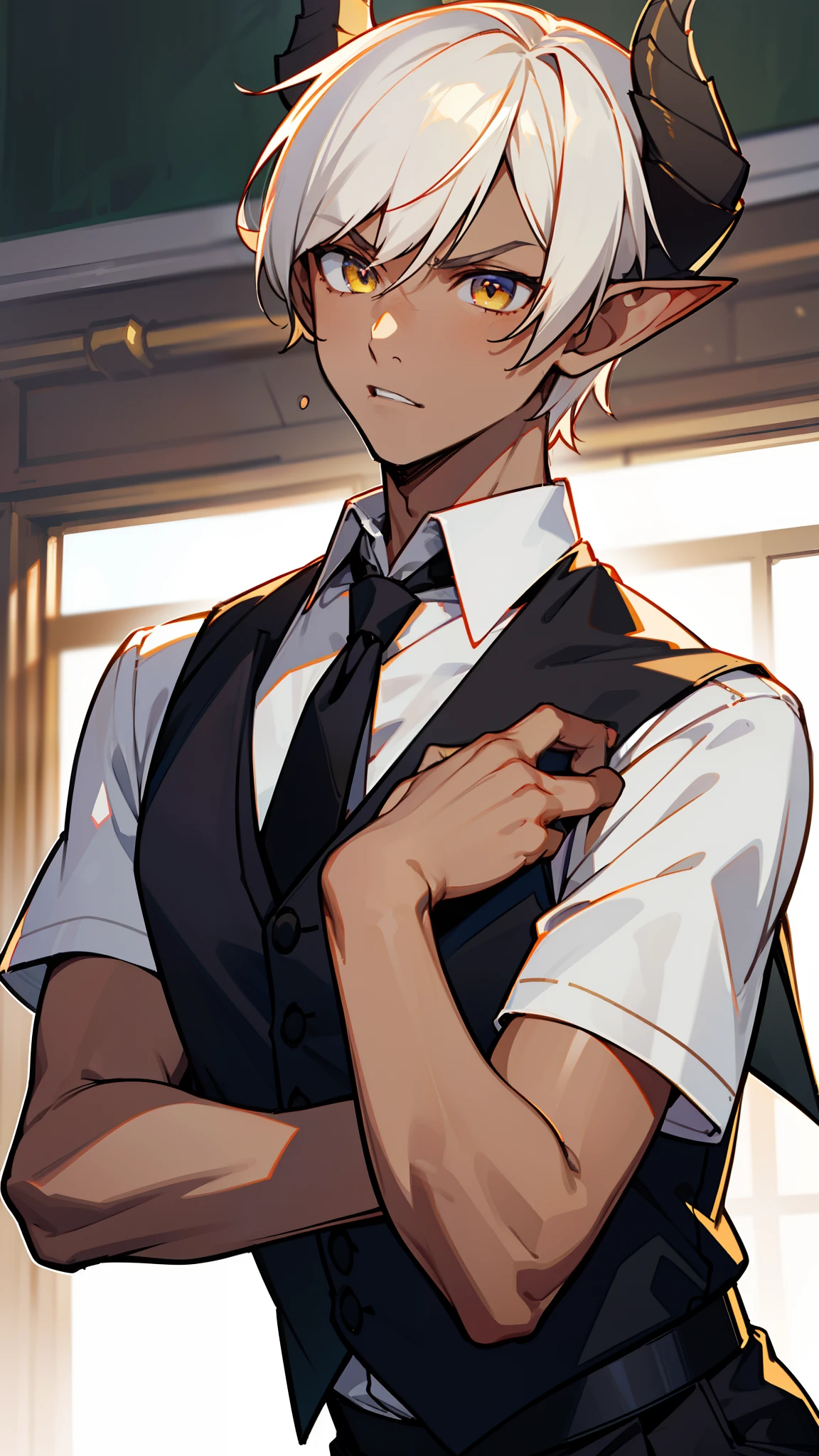 1boy,solo,serious,(tanned skin,medium body,male face),white student shirt,short sleeve,black tie,black vest,black pants,Short hair,platinum blonde hair,yellow eyes,elves ears,black horns,classroom