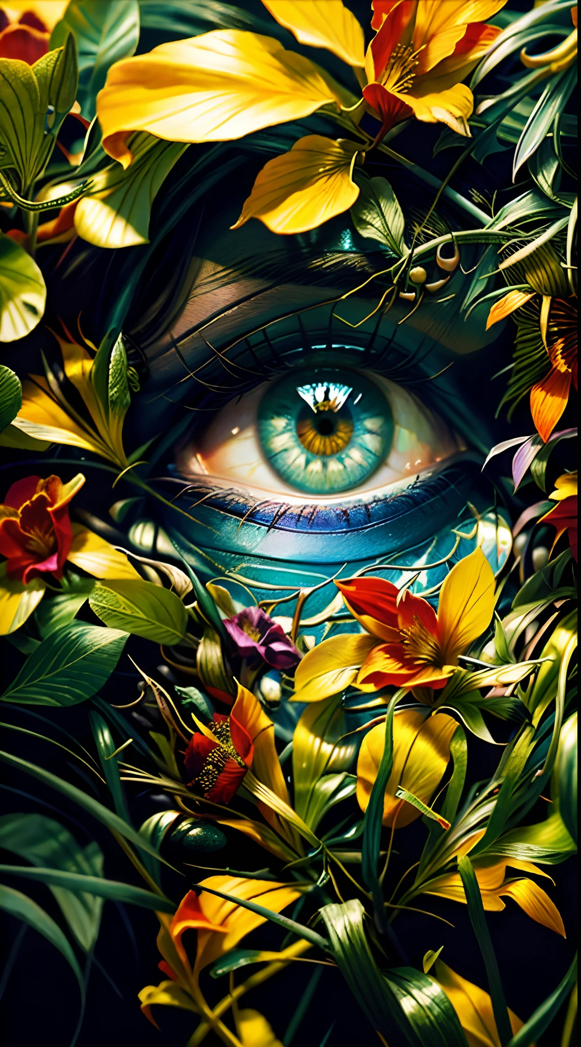There's a woman's eye with a flower in her hair, pintura detalhada 4K, Arte digital altamente detalhada em 4k, intrincada pintura digital, arte digital de detalhes surpreendentes, Pintura 4K detalhada, Grande arte digital com detalhes, bela arte digital, Arte digital detalhada em 4k, 8k arte detalhada de alta qualidade, Arte 4K altamente detalhada, Arte altamente detalhada em 4K