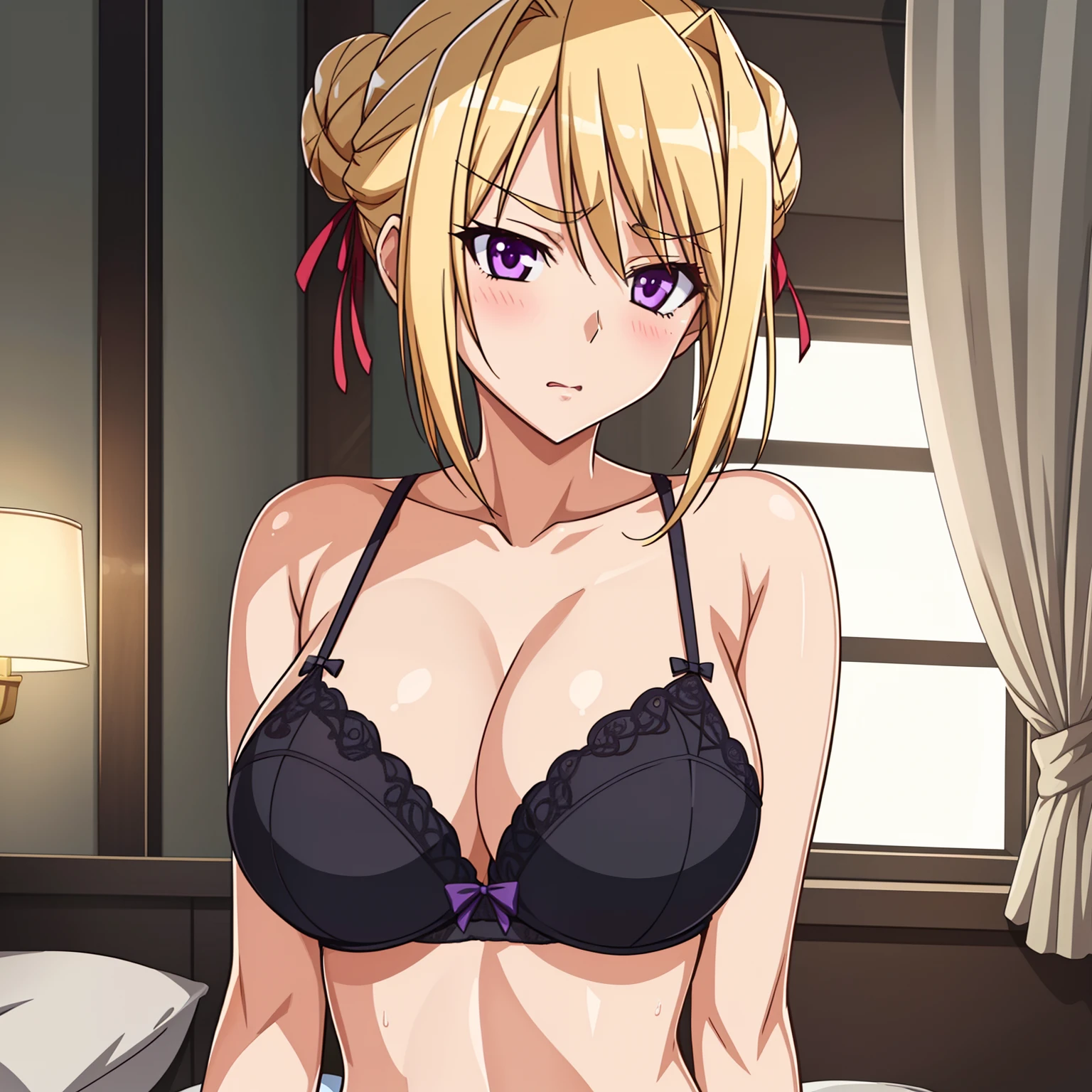 1girl,big breasts,hotel room,bed,(8k),
,detailed face,blond hair,purple eyes,short hair,embarassed,shy,bun,hair, high_res, high_definition,battlefield,sexy pose,black sexy lingerie,