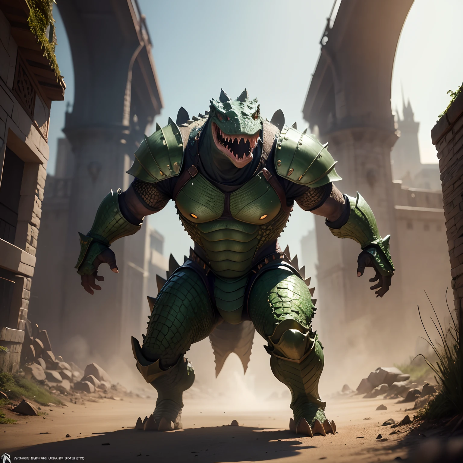 Cute crocodile warrior in realistic 4K armor, full entire body,Super Detailed, Vray Display, Unrealistic engine, Midjourney Art Style.