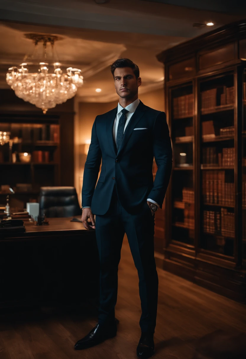 Foto 4k , A male man standing in his office flexing in his black suit