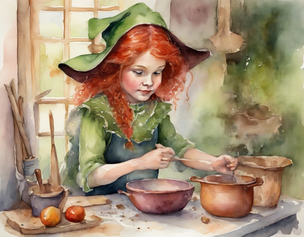 A little witch preparing a portion, red hair, green eyes, pink clothes.
​
