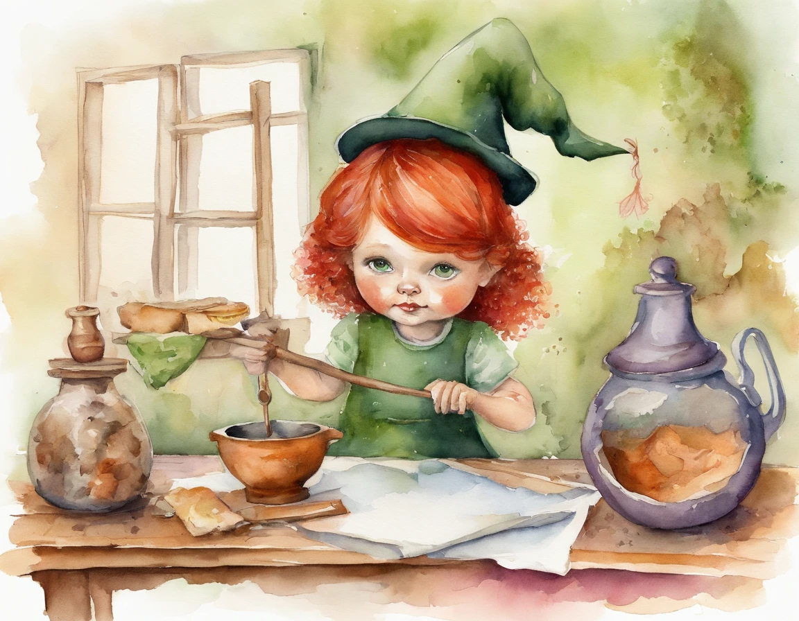 A witch preparing a portion, red hair, green eyes, pink clothes.
