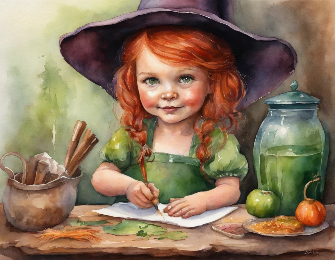 A little witch preparing a portion, red hair, green eyes, pink clothes.
