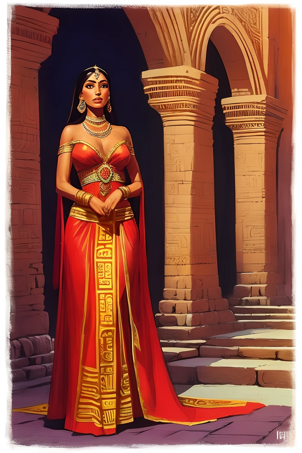 Arte Inspirada John Buscema, uma mulher, nativa do povo Asteca, Wearing traditional clothes and jewelry for festivities, sua sensualidade transparece por todo seu corpo.Full body standing near an Aztec temple