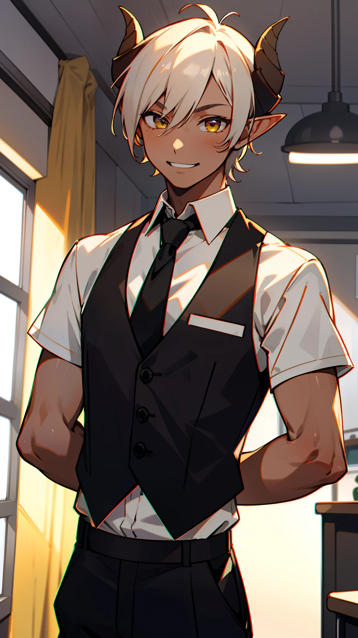 1boy,solo,smile,(tanned skin,medium body,male face),white student shirt,short sleeve,black tie,black vest,black pants,Short hair,platinum blonde hair,yellow eyes,elves ears,black horns,classroom