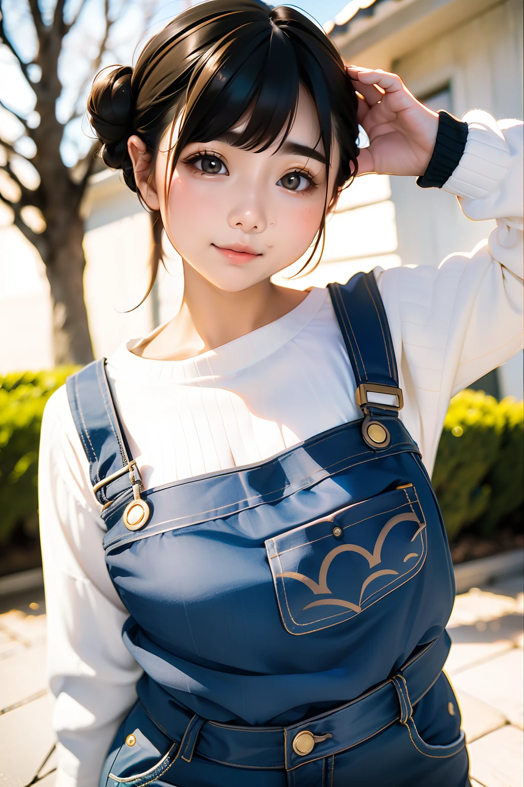 top-quality、Girl holding a black cat、Realistic people:1.5、Black cat、Natural look、longshot、Natural light、top-quality、masuter piece、ultra-detailliert、8k、独奏、portlate:1.3、Cowboy Shot、parfect anatomy、1 girl in、shorth hair、(((Hair tied in two、brown haired:1.3)))、Long sleeve knit、Knitted knitwear、Overalls Denim、slightly larger breasts、Natural look、red-lips、You have both hands in your pockets、(((plein air:1.2、a park、blue open sky、Maple tree of red color、a park)))、(((blurry backround:1.5、Blurry and invisible background)))