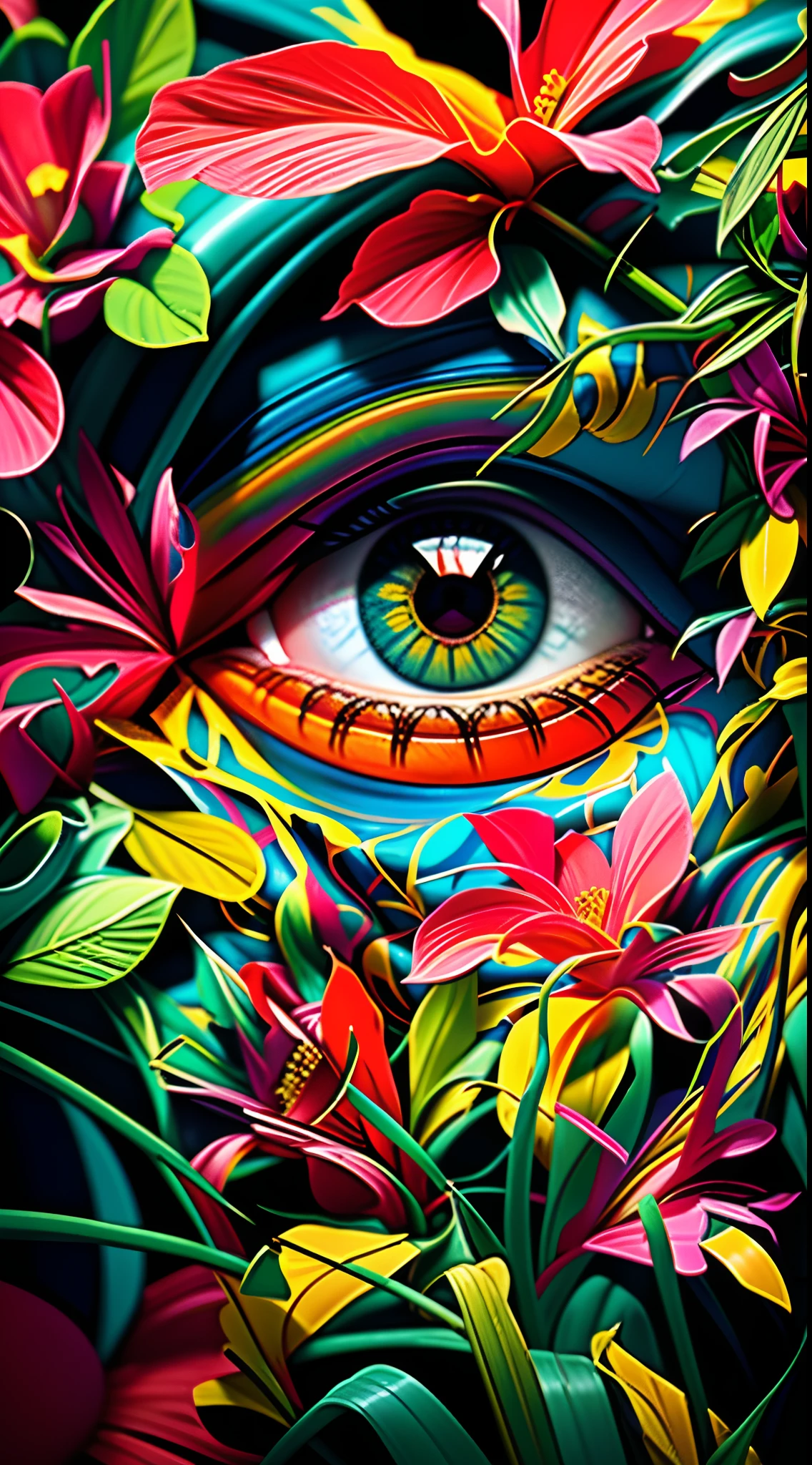 There's a woman's eye with a flower in her hair, pintura detalhada 4K, Arte digital altamente detalhada em 4k, intrincada pintura digital, arte digital de detalhes surpreendentes, Pintura 4K detalhada, Grande arte digital com detalhes, bela arte digital, Arte digital detalhada em 4k, 8k arte detalhada de alta qualidade, Arte 4K altamente detalhada, Arte altamente detalhada em 4K