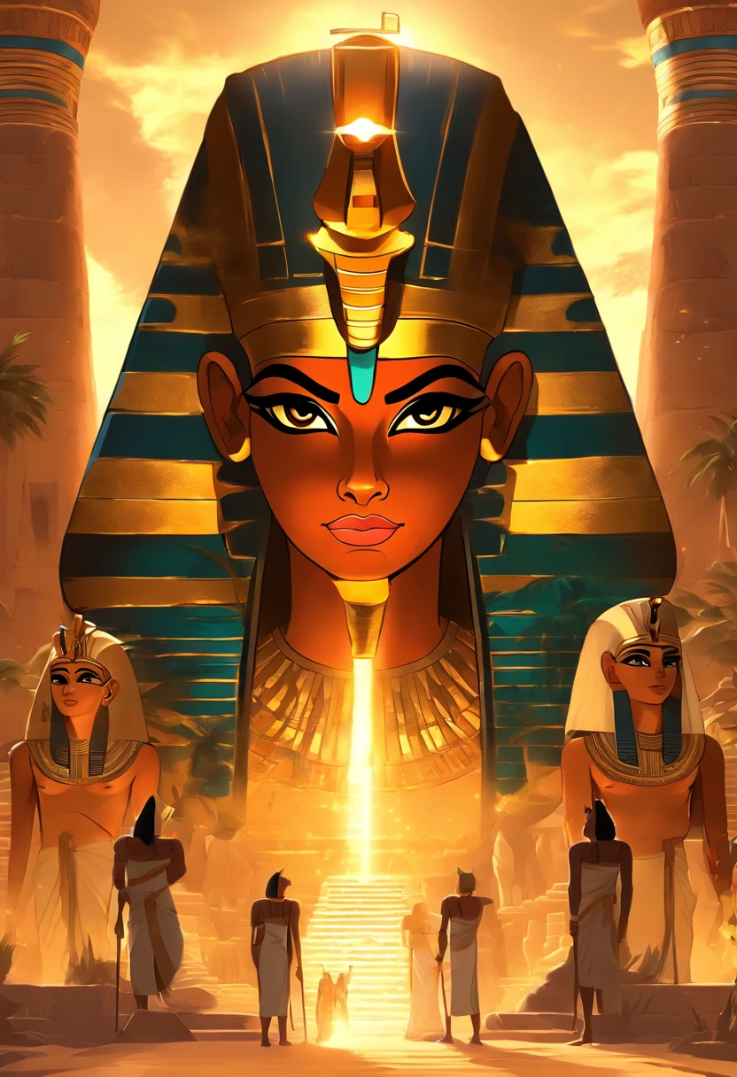 ((Hathor solar adornment))) best quality, very high resolution, 4K detailed CG, masterpiece, Egyptian mythology, Hathor, woman, sun in the background, Ancient Egypt, standing pose, orange clothes, Egyptian clothes, Egyptian temple , desert, Ancient Egypt, ((standing pose)), Egyptian palace, aesthetics, beautiful image, centered on screen, full body