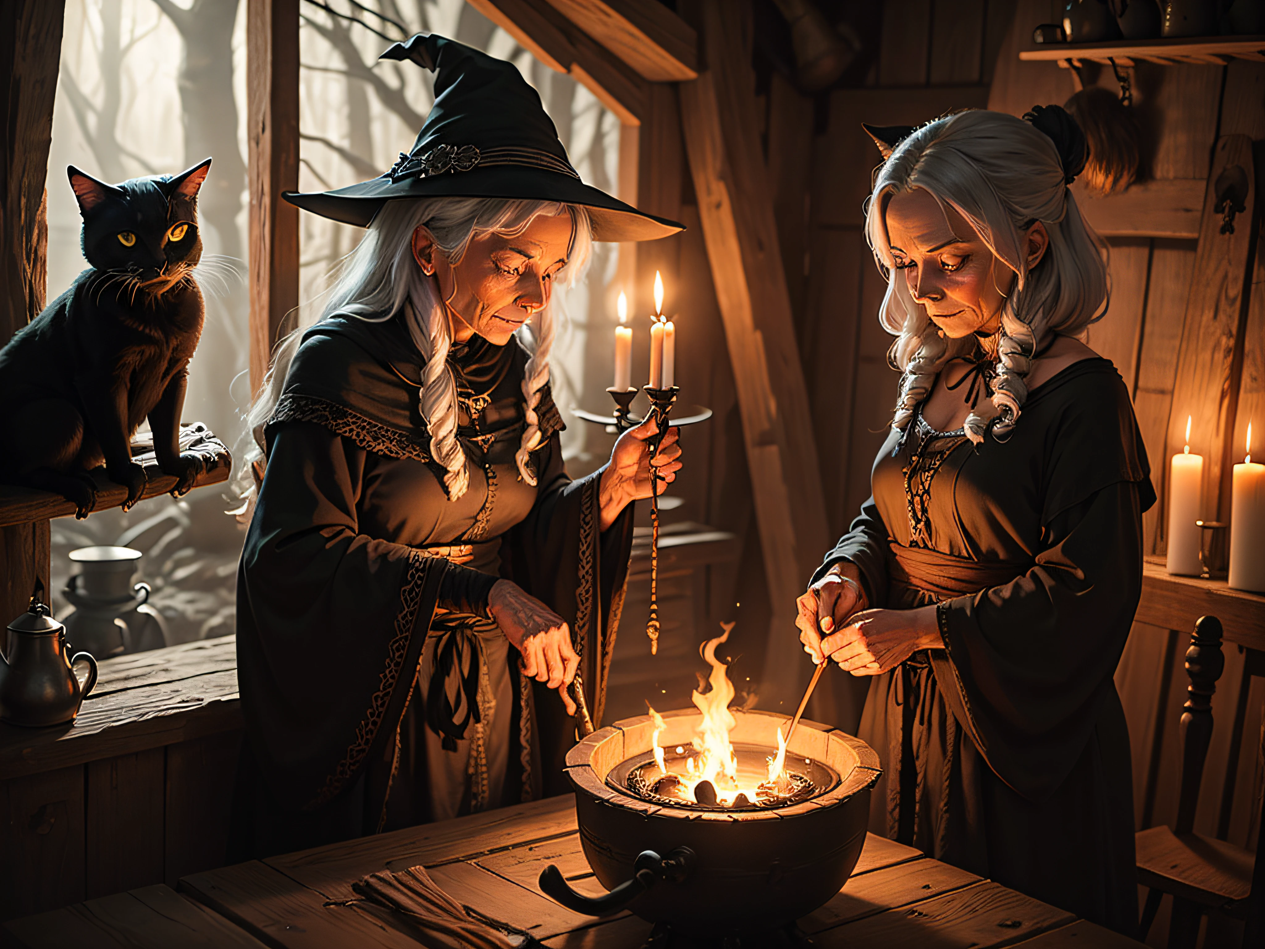 Old witch, in a hut, stirring the cauldron with a black cat on her shoulder, dark environment, lit by candles and fire