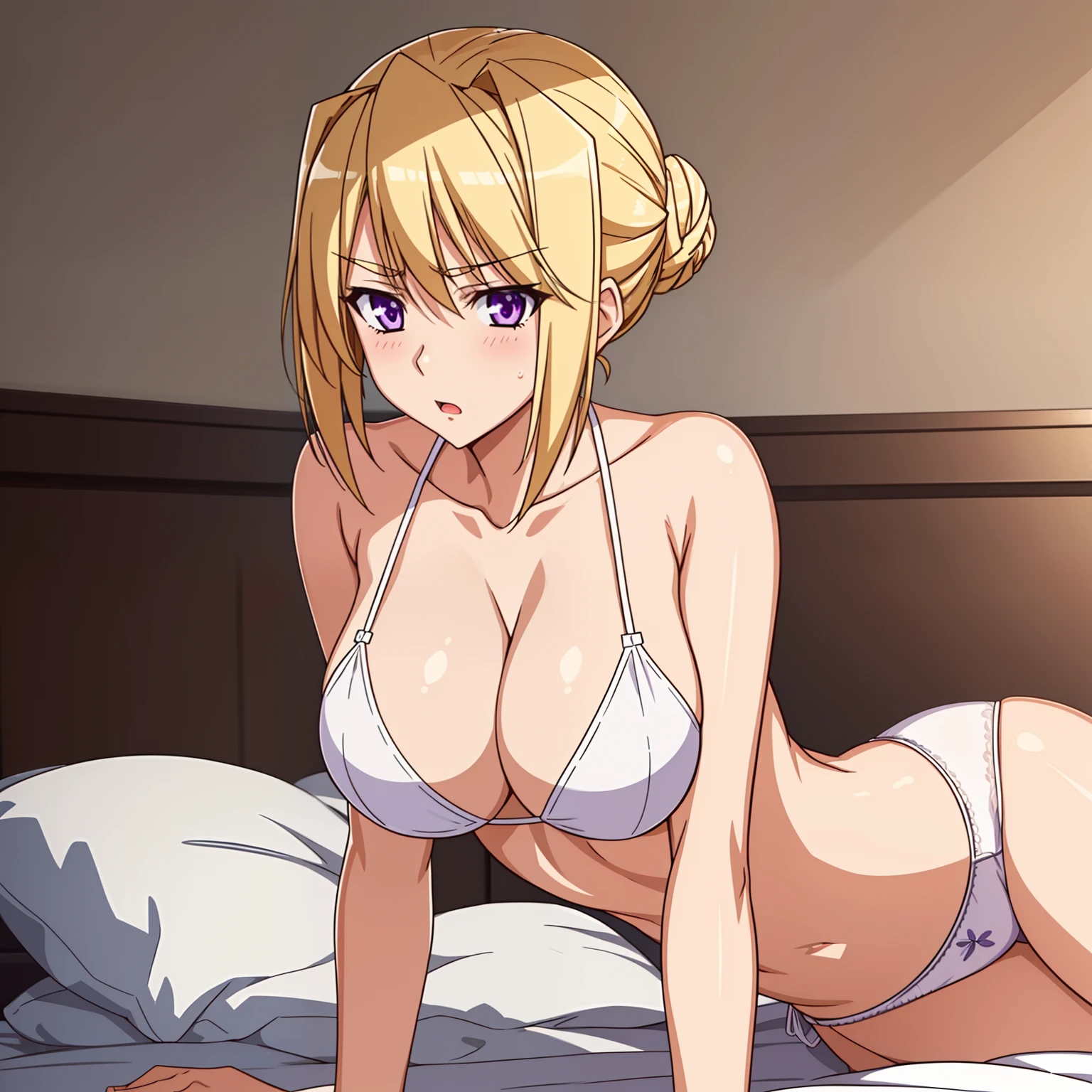 1girl,big breasts,hotel room,bed,(8k),
,detailed face,blond hair,purple eyes,short hair,embarassed,shy,bun,hair, high_res, high_definition,battlefield,sexy pose,White_Brassier,black_panties,lying,