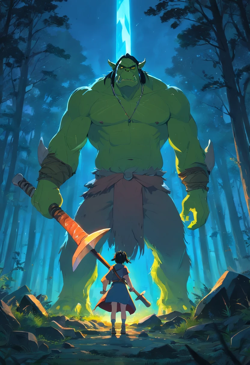 Um orc, feroz, terror, With a giant axe in hand, fundo do campo de floresta a noite, fantasmas, desenho 2D, High definition, 4k