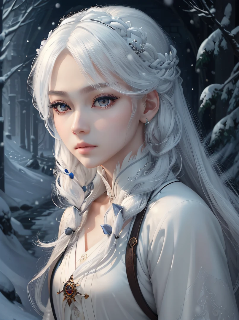 masterpiece、top-quality、face perfect、high detailing、bustshot、Focus from the chest up、1girl in、ultradetailed eyes、looking down to viewer、Dramatic and rich snobs、pale-skinned、snow white hair、Mystical realm filled with magical elements、vivd colour、Dynamic lighting、Detailed background elements、Deep sense of depth、Unique lighting effects、Complex configuration techniques、Camera angles that highlight the beauty of the character and the environment、pure white hair、snow-white eyes、独奏、length hair、Appearance similar to Lucius Malfoy、full pouty lips、closes mouth、Fur color lab coat、arrogant expression、Midnight when the moon is out、Snow continues to fall、Medieval city、细致背景、电影灯光、Red rose brooch、Sophisticated fashion、BalenciagaStyle、Detailed hand depiction