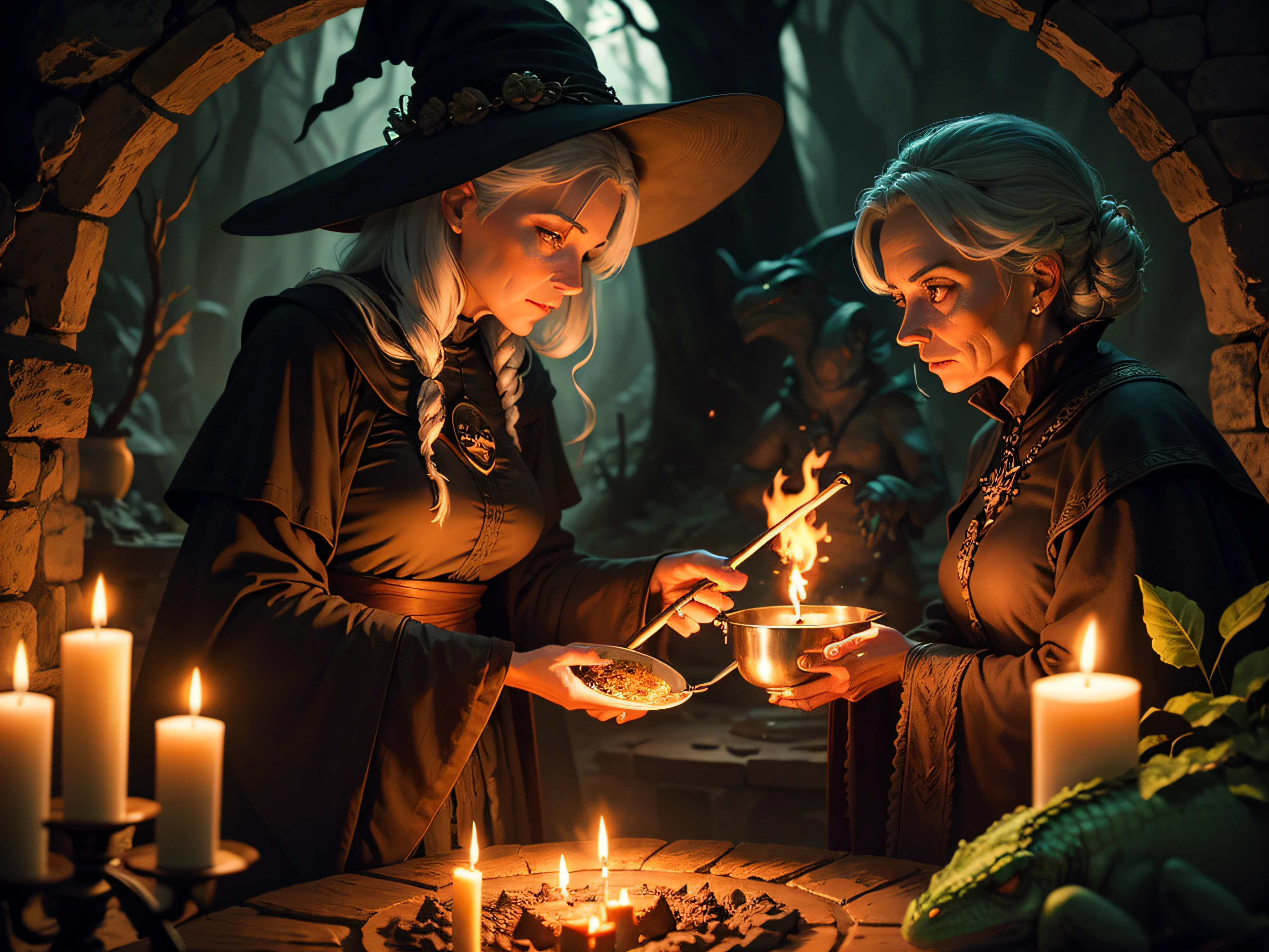 Old witch stirring the cauldron with a lizard on her shoulder, dark environment, lit by candles and fire