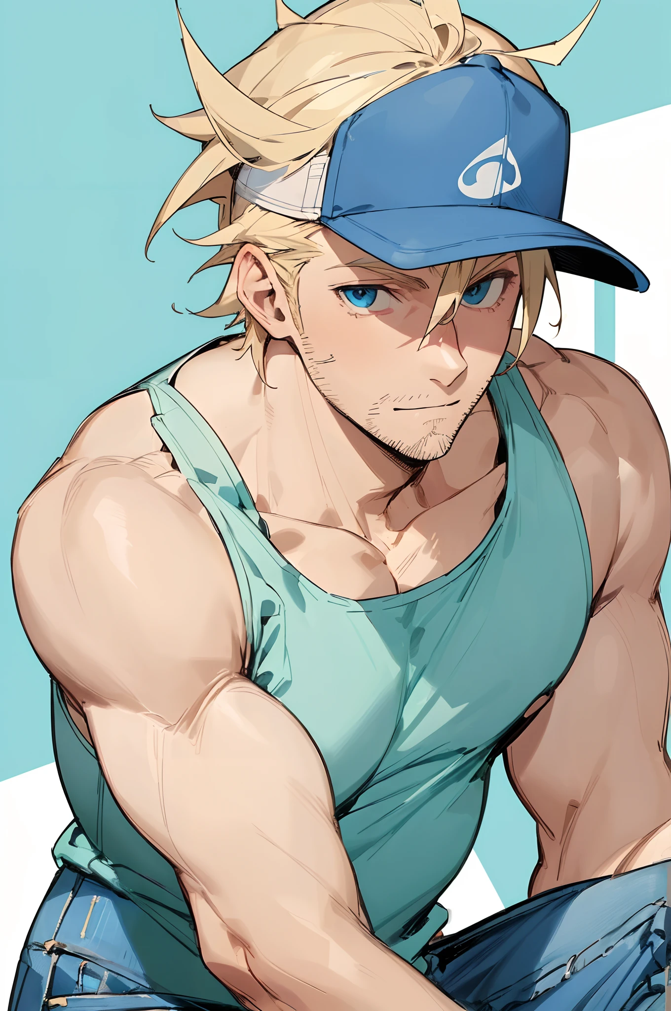 (masterpiece, best quality) detailed, 1Character , blue archive art style , pastel washed out colors , cell shade , soft, muted shades gentle colors , Handsome man , bright blue eyes , blond hair , spiky hair , ((muscular:1)), ((has Stubble)) , age 41, wearing a tank top , baseball hat , blue jeans .