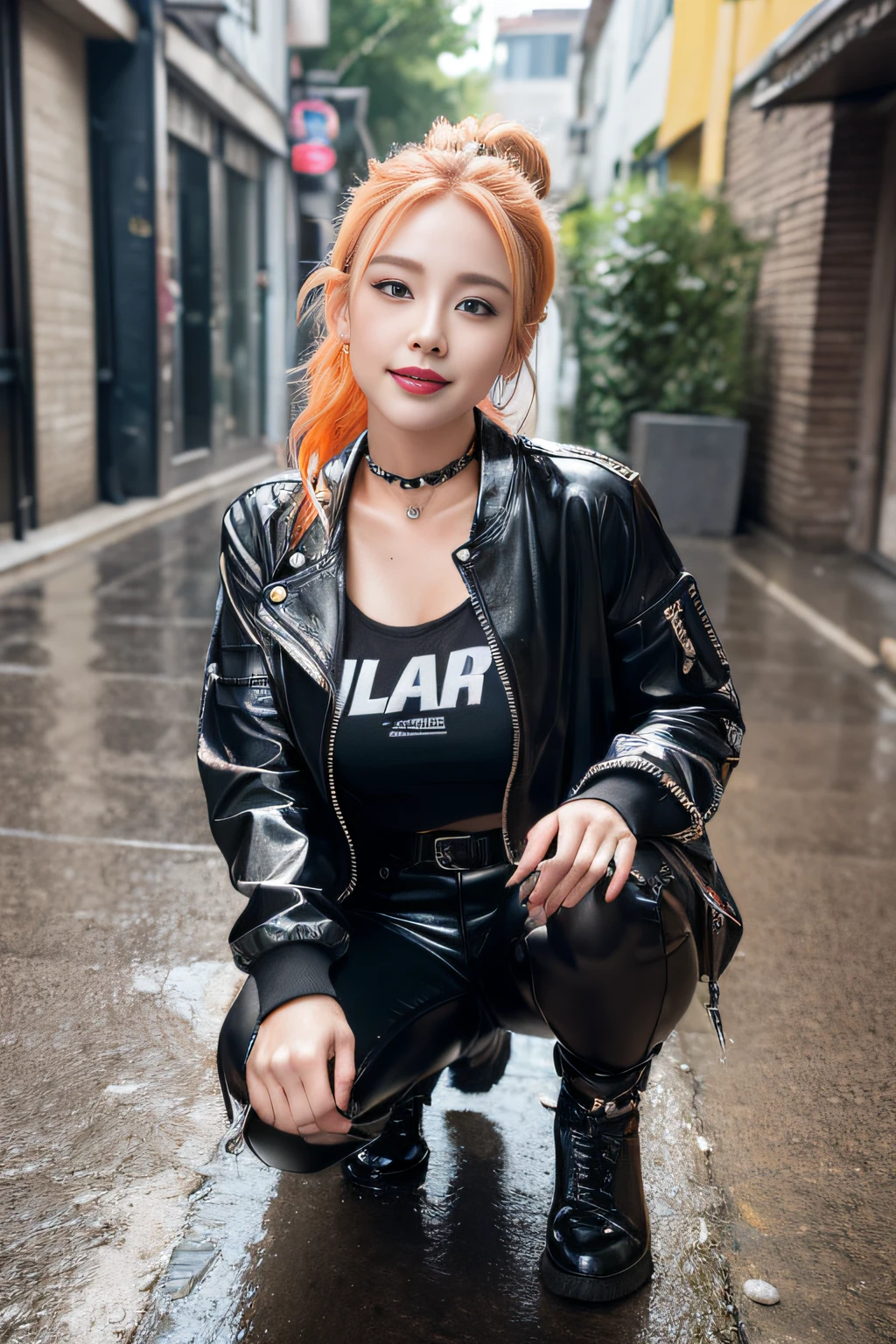 sologirl,Very heavy rain,Back alley at night,Drenched tomboy,piercings,Punk rock fashion,Open jacket with chain,Punk rock shirts,Punk rock pants with chain,Chain Accessories,a choker,(The whole body is soaking wet,Rainwater dripping from the face,Wet face,wetting hair,Wet and glowing skin,Soaking wet costumes,),(Shiny silver and orange hair,Short ponytail),(The composition of the princess's face,big eye,Pointed lips,red lipsticks,Cute round face,A smile that makes the viewer happy,blushing with embarrassment,red blush,),Bold sexy poses,Digital SLR,(The 8k quality,masutepiece,top-quality,Ultra-high resolution output image,),intricate detailes,(Highly detailed raw photos:1.3),(Image Mode Ultra HD),crouching down