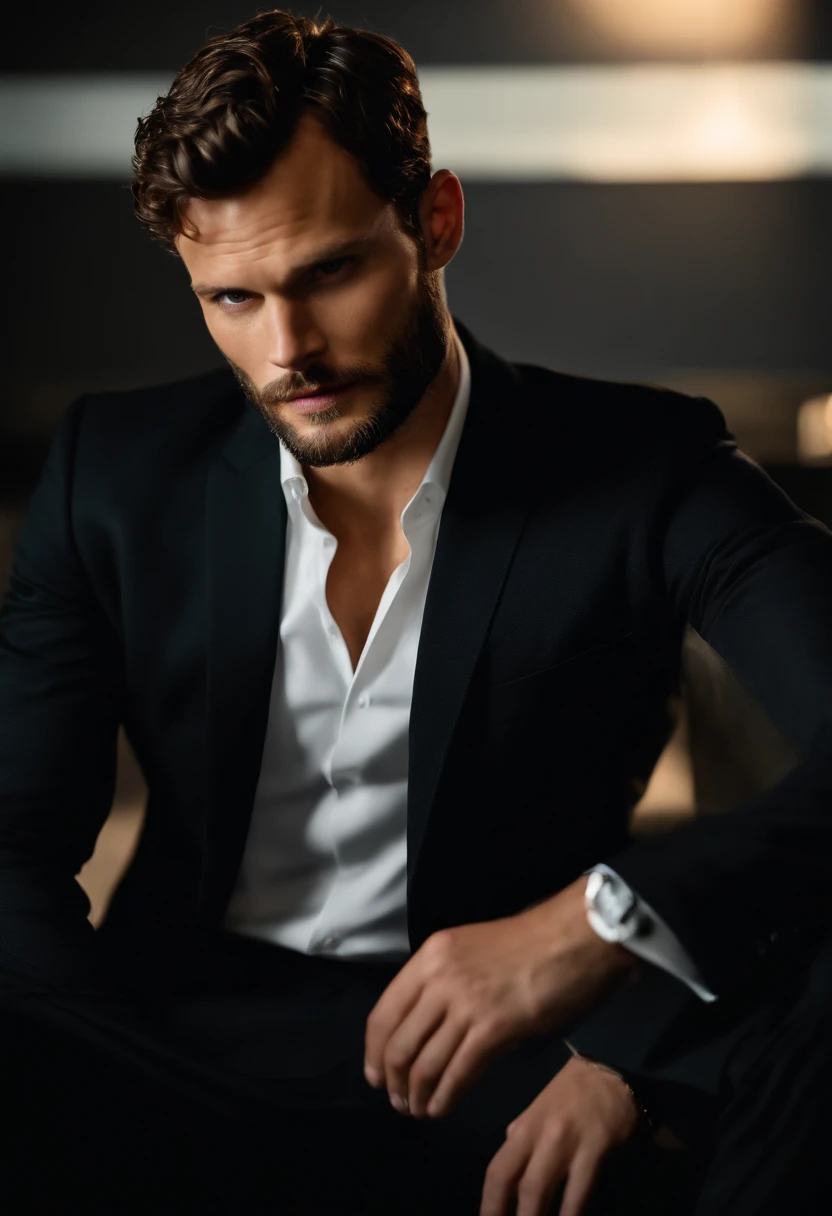 (Man wearing black suit without tie), ), (wearing beard,) attractive and serious look, short dark hair, stylish and elegant, shaved and strong body fitted in the suit, show body, man similar to actor jamie dornan, (high quality and realistic image), in the background of the dark black image and lights, cinematic style, ((Best quality, 8k, Masterpiece).