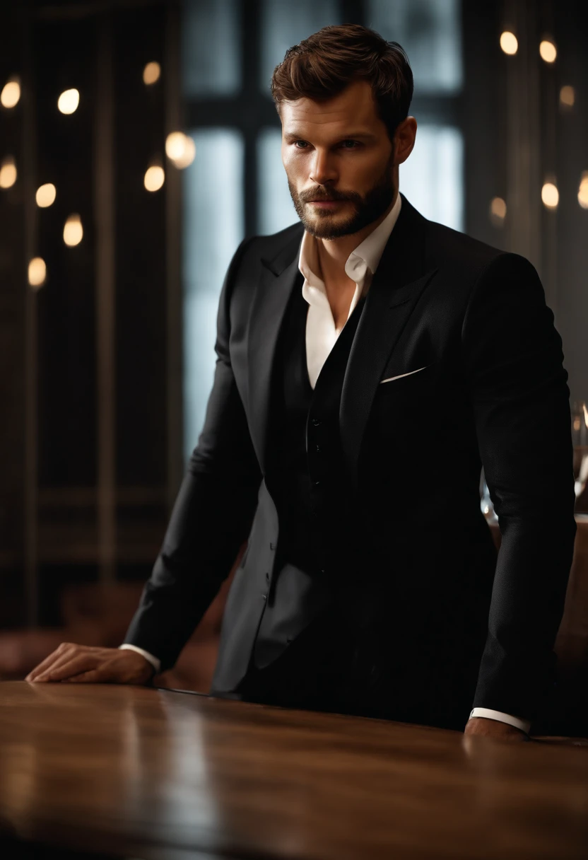 (Man wearing black suit without tie), ), (wearing beard,) attractive and serious look, short dark hair, stylish and elegant, shaved and strong body fitted in the suit, show body, man similar to actor jamie dornan, (high quality and realistic image), in the background of the dark black image and lights, cinematic style, ((Best quality, 8k, Masterpiece).