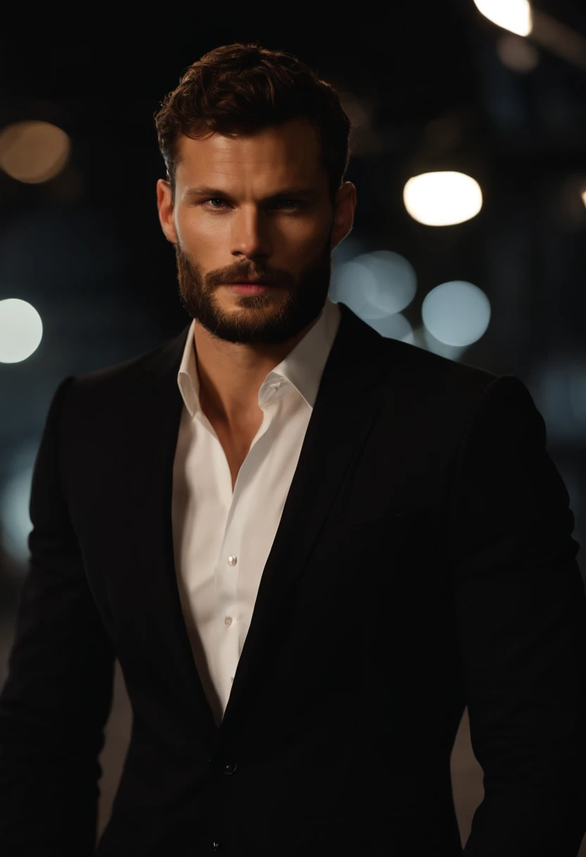 (Man wearing black suit without tie), ), (wearing beard,) attractive and serious look, short dark hair, stylish and elegant, shaved and strong body fitted in the suit, show body, man similar to actor jamie dornan, (high quality and realistic image), in the background of the dark black image and lights, cinematic style, ((Best quality, 8k, Masterpiece).