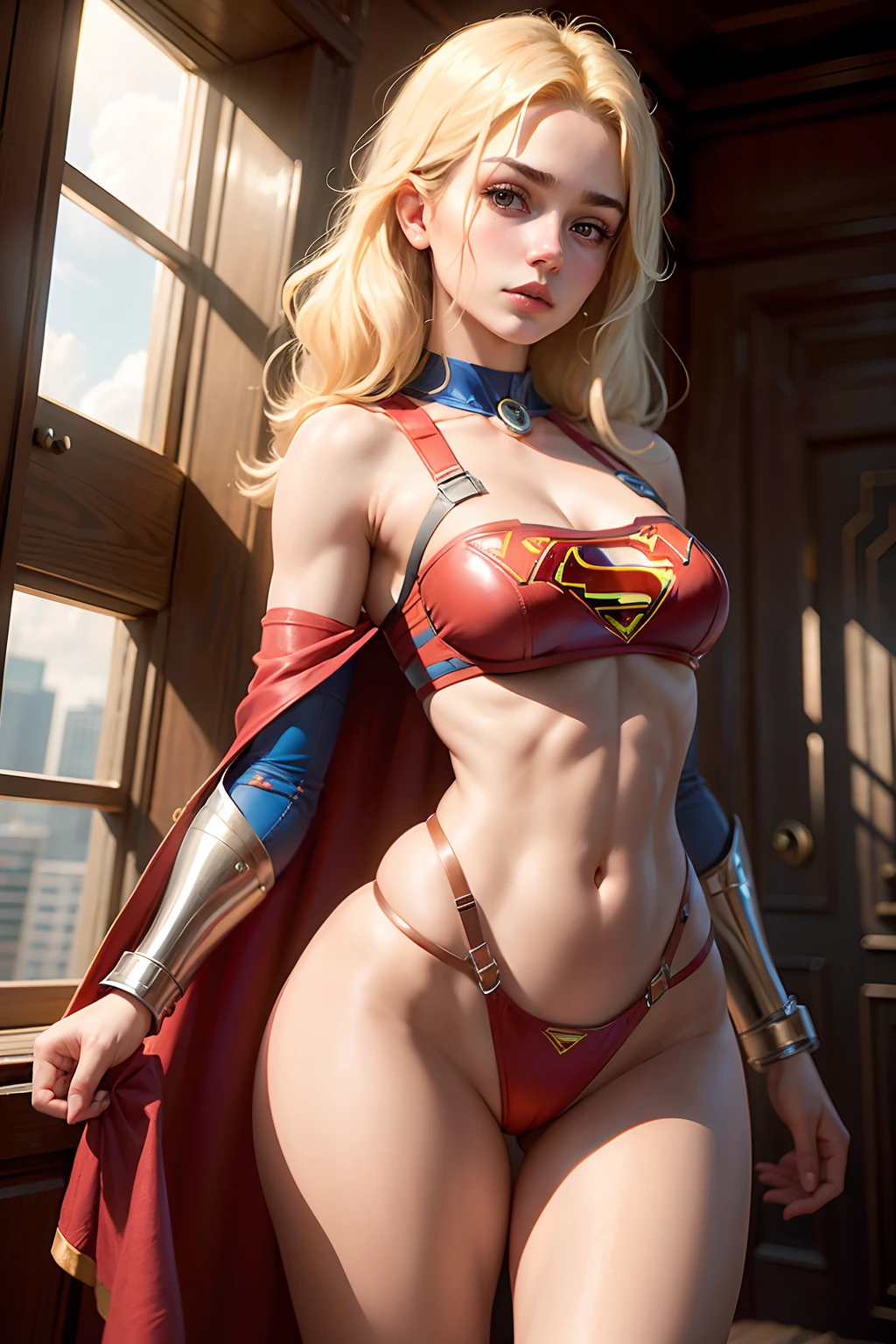 Supergorl, cabelo longo loira, 18 anos, seios grandes, vestindo (lingerie harnesses supergirl Suit), altamente detalhado, Artstation, suave, foco nítido, 8K, (underboob), strapless bra, bra hopefully falling off, Exotic pose