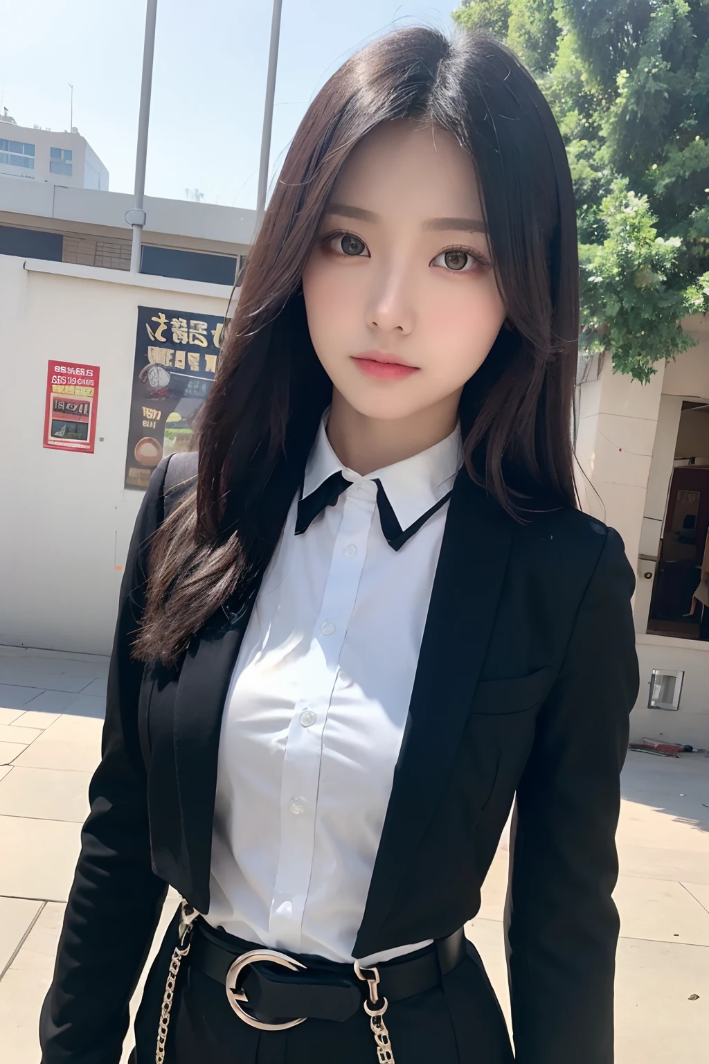 masterpiece、top-quality、The ultra -The high-definition、、colourfull、flat-colors、depth of fields、lens flare 1 girl、、A dark-haired、watching at viewers suits Cutter shirt a belt suspenders working adults materia OL Black Suit Black jacket glares large full breasts