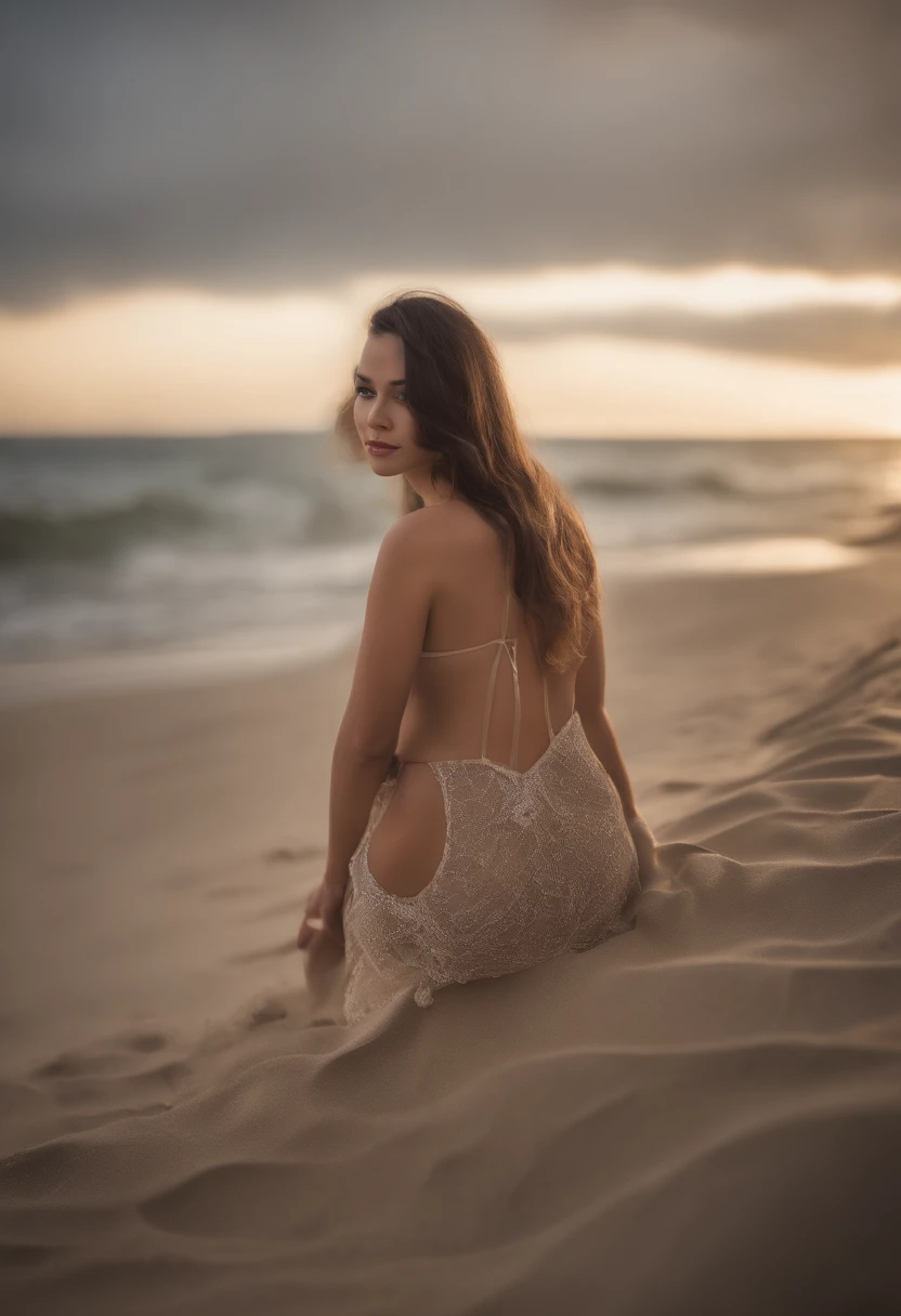 (raw photo: 1.2), (photorealistic: 1.4), (best quality: 1.4), (ultra highres: 1.2), (highly detailed: 1.3), (HDR: 1.2), (cinematic lighting: 1.3), (detailed eyes), (detailed facial features), (detailed skin), (beach background: 1.2), long black hair, cute baby kid face, (full body), Raised sexy，Transparent lingerie，((sexy pantyhose)), masturbation