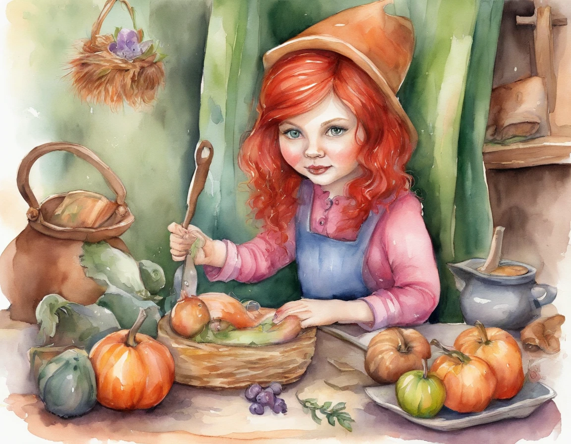 A little witch preparing a portion, red hair, green eyes, pink clothes, Chibi,