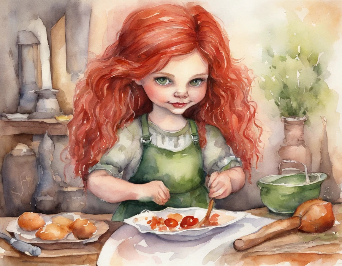 A little witch preparing a portion, red hair, green eyes, pink clothes, Chibi,