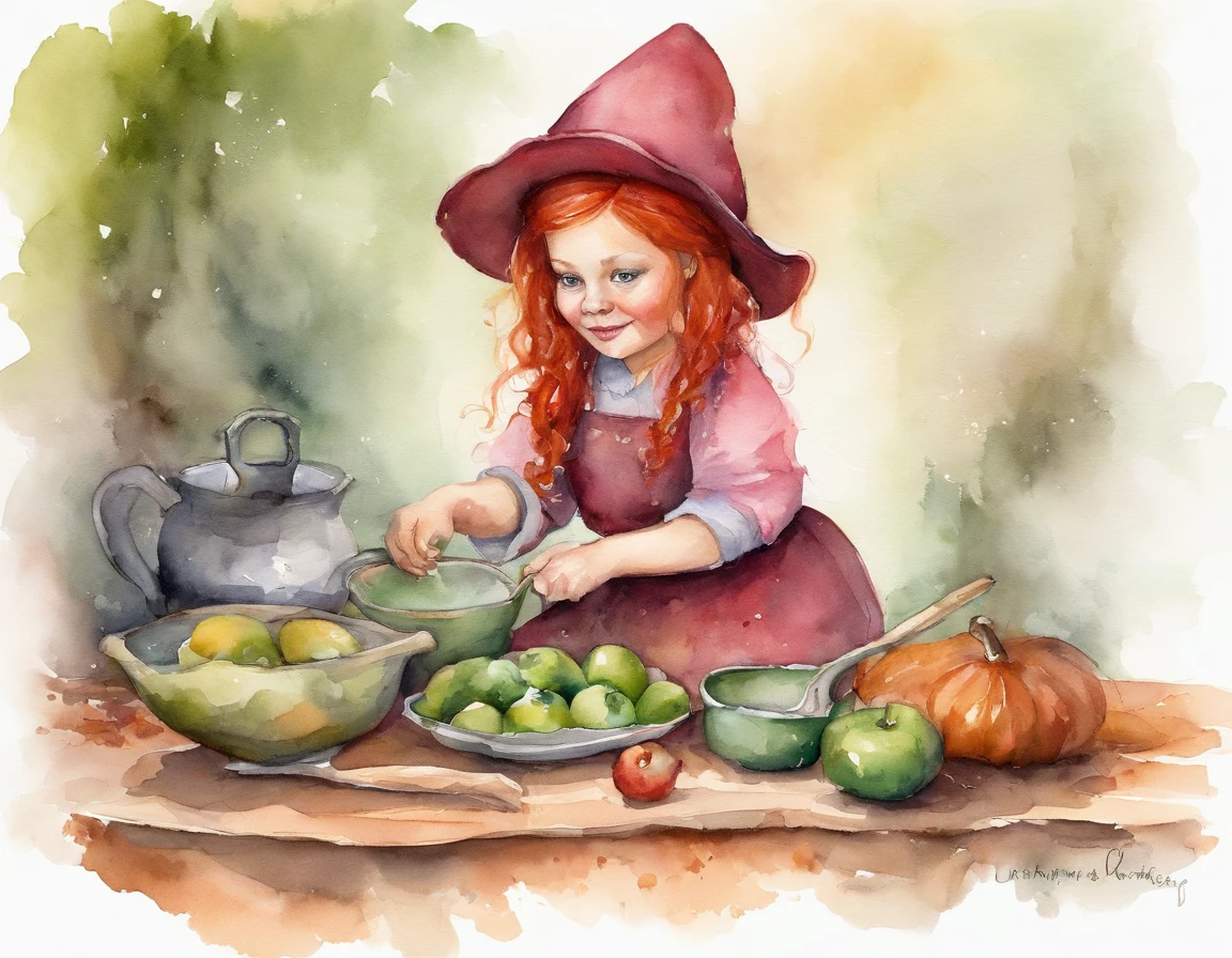 A little witch preparing a portion, red hair, green eyes, pink clothes, Chibi,