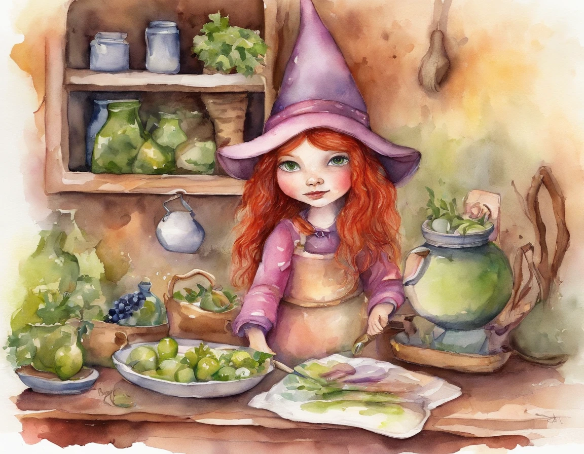 A little witch preparing a portion, red hair, green eyes, pink clothes, Chibi,
