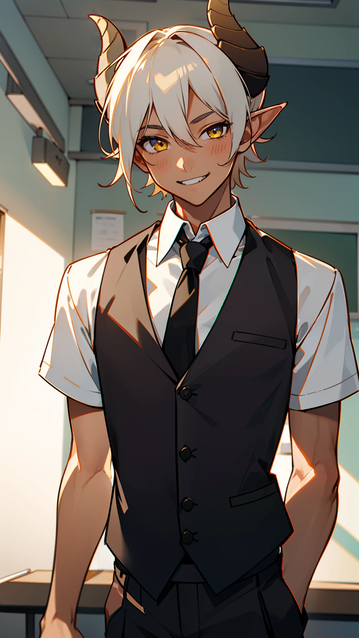 1boy,solo,smile,(tanned skin,medium body,male face),white student shirt,short sleeve,black tie,black vest,black pants,Short hair,platinum blonde hair,yellow eyes,elves ears,black horns,classroom