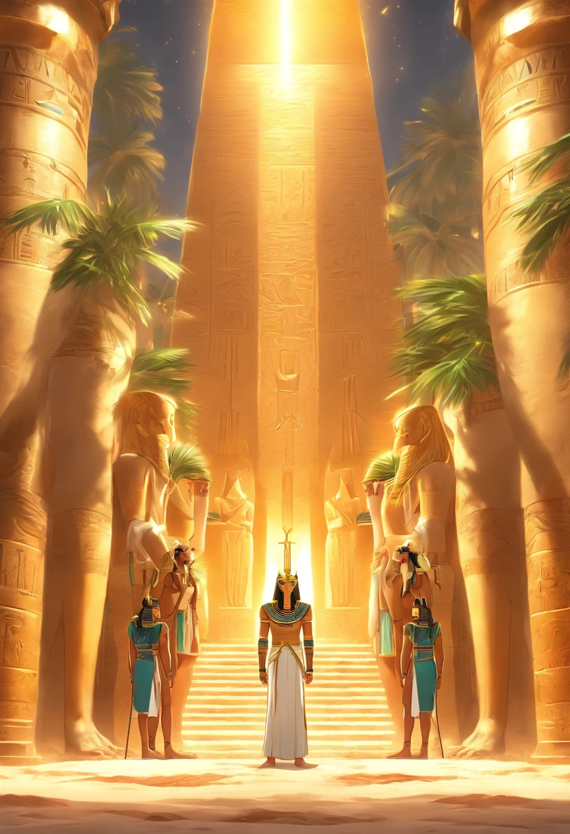 (((Egyptians)))best quality, ultra-high resolution, 4K detailed CG, master piece, divine court, judgment, Egyptian gods, Egyptian mythology, Egyptian temple, Egyptian palace, Egyptian clothing, palm trees, desert, aesthetics, Beautiful image, centered on the screen