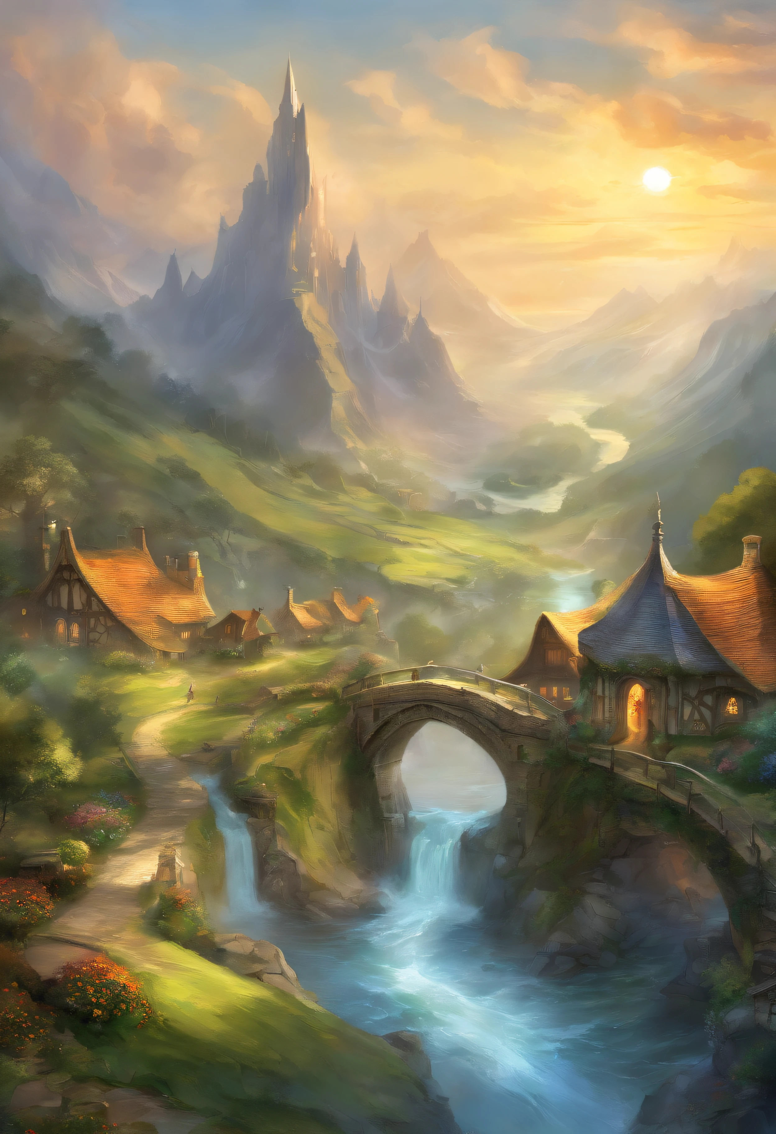 (masterpiece, top quality, best quality, official art, beautiful and aesthetic:1.4, watercolor:1.1),  (Shire, The Lord of the Rings:1.6), lush rolling hills, small round doors built into green mounds, hobbits bustling about, smoke curling up from chimneys, gardens overflowing with colorful flowers, a serene river winding through, a picturesque and tranquil setting, the very essence of hobbit life.