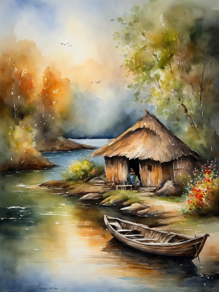 There are a old hut beside the river, a fishing boat near hut over the water, ducklings are swimming near the boat, flowers are blooming beside the hut, an old man smoke and sitting in front of the hut.