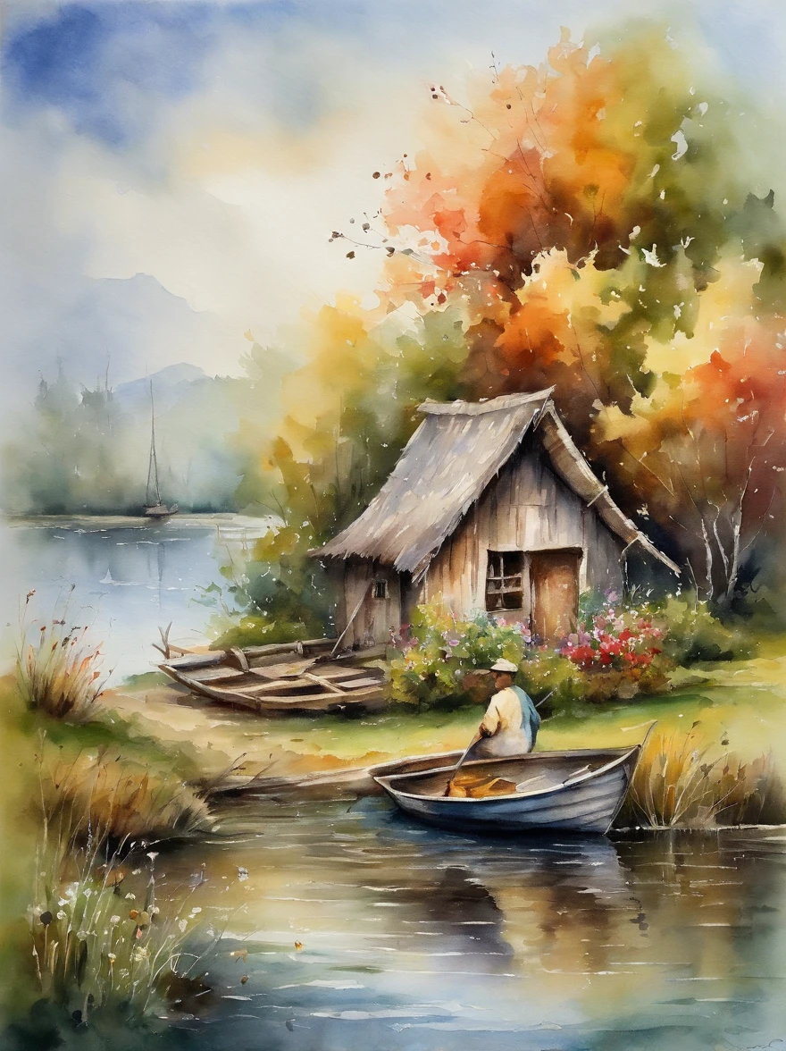 There are a old hut beside the river, a fishing boat near hut over the water, ducklings are swimming near the boat, flowers are blooming beside the hut, an old man smoke and sitting in front of the hut.