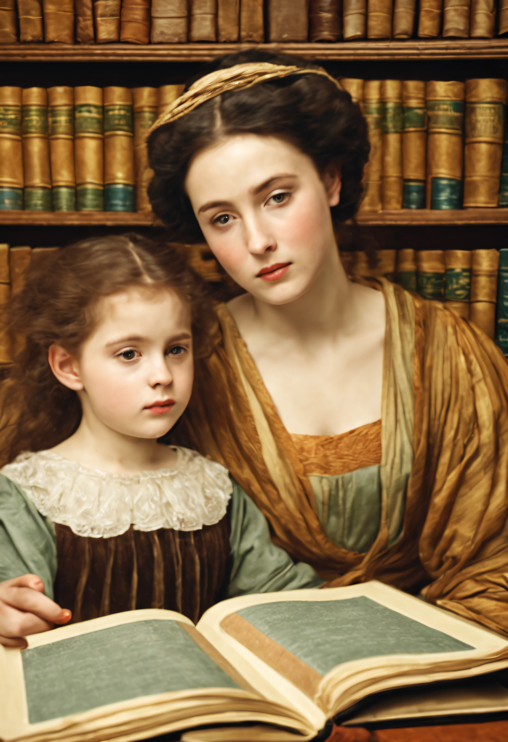 20 year old beautiful female teacher and 6 year old child reading a book、with round face、Pre-Raphaelites-like style、The background is the library