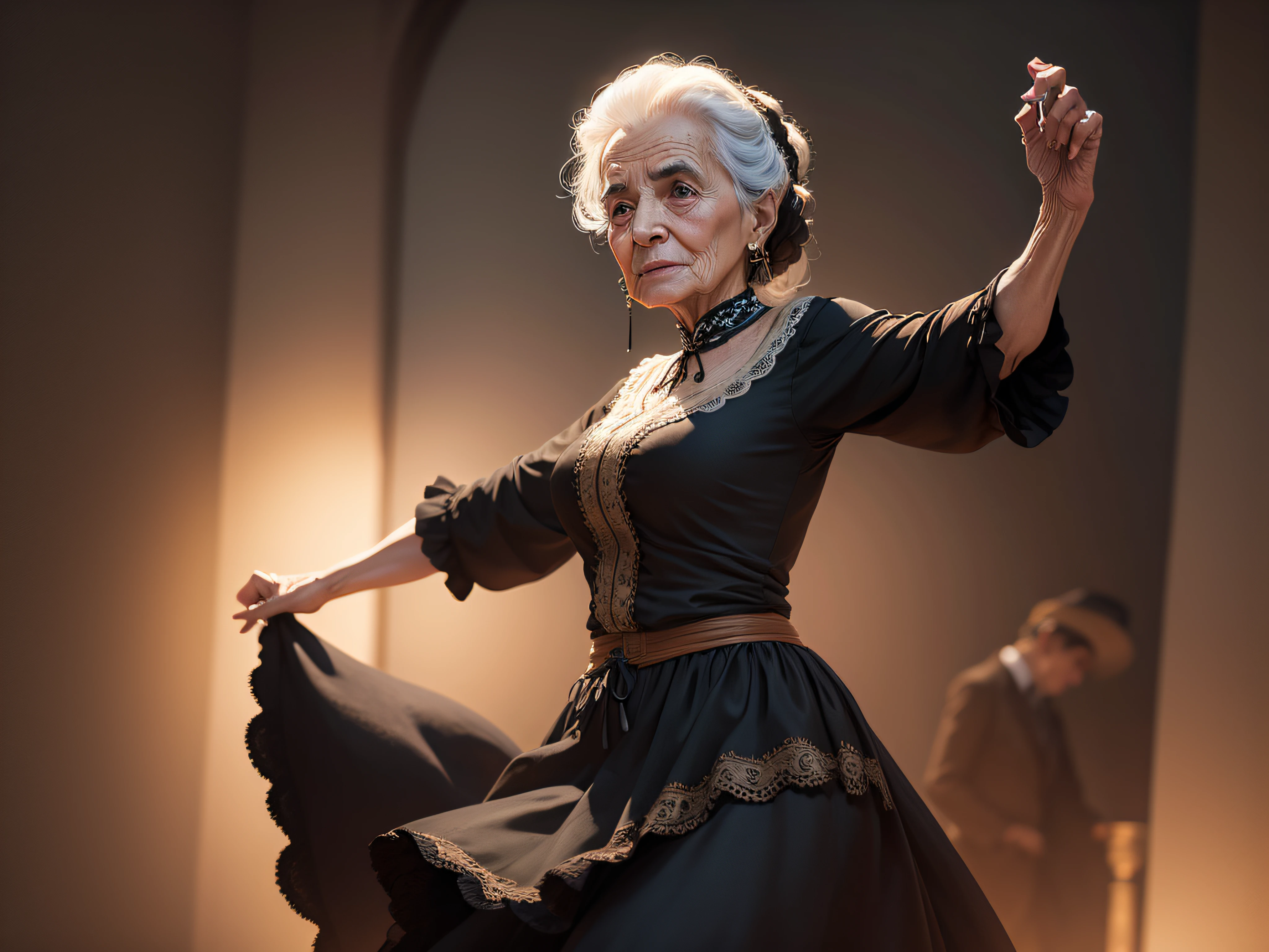Old Spanish woman in black dancing flamenco
