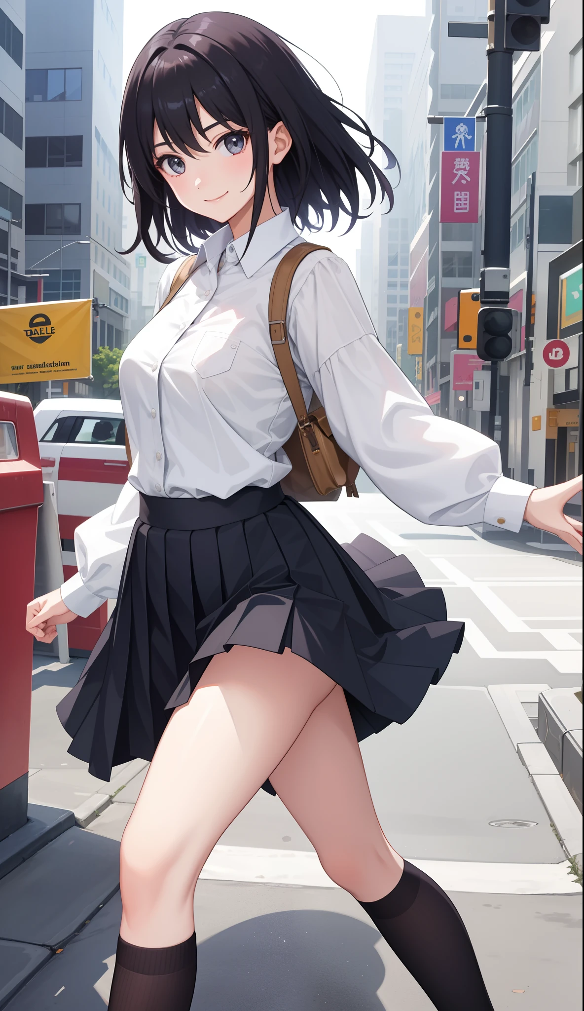 1girl in、AS-Adult、A smile、The shirt、skirt by the、(small tits)、Walking with a thigh、Upper body portrait、